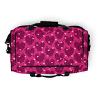 Heartfelt STF Little Magenta Borsone duffle bag with all-over print in white, by Daemon Luxury, showing the spacious travel bag.