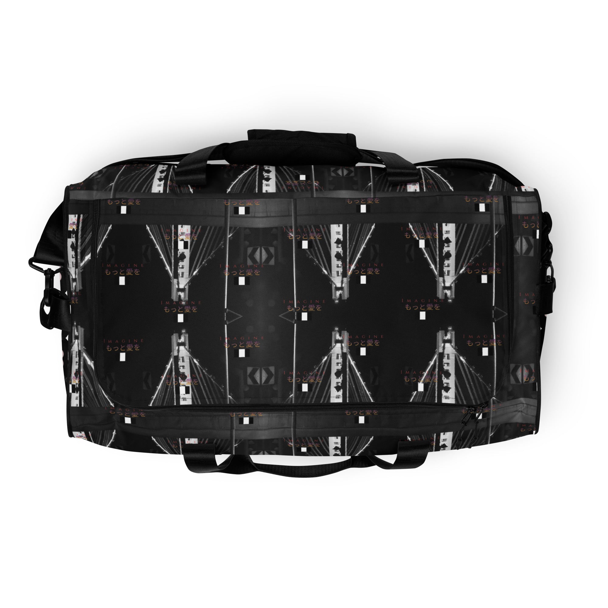 Southgate Treasured Borsone duffle bag by Daemon Luxury with all-over white print, spacious and stylish for travel.