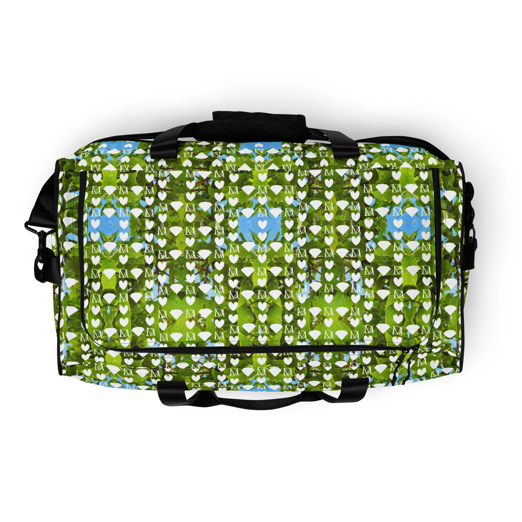 Daemon Luxury Belly Red’s Garden (Rebirth) duffle bag with all-over white print and sturdy handles for travel and gym use.