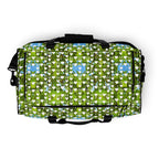 Daemon Luxury Belly Red’s Garden (Rebirth) duffle bag with all-over white print and sturdy handles for travel and gym use.