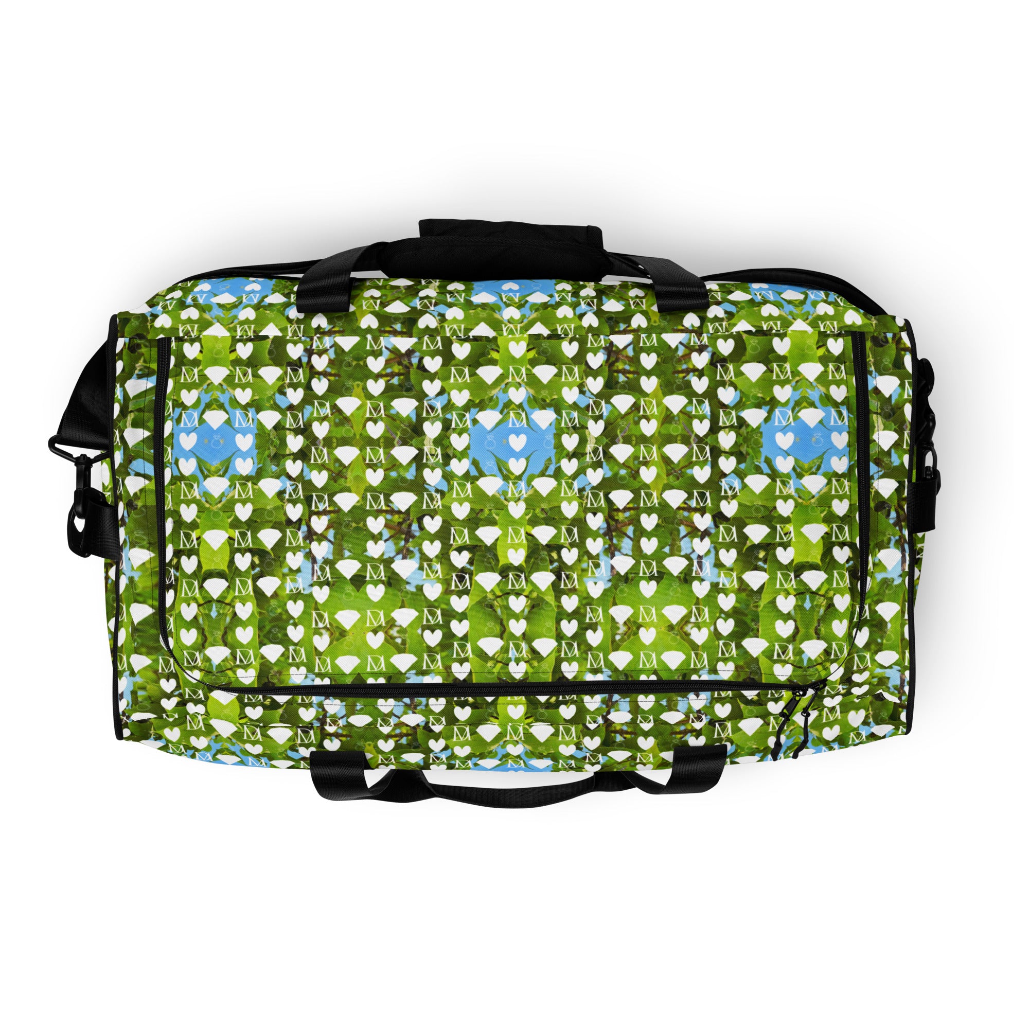 Daemon Luxury Belly Red’s Garden (Rebirth) duffle bag with all-over white print and sturdy handles for travel and gym use.