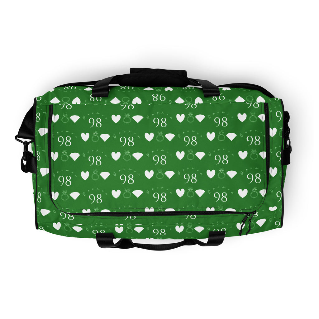 Daemon Luxury Belly Red’s Garden all-over-print duffle bag with vibrant floral design on white fabric.
