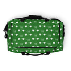 Daemon Luxury Belly Red’s Garden all-over-print duffle bag with vibrant floral design on white fabric.