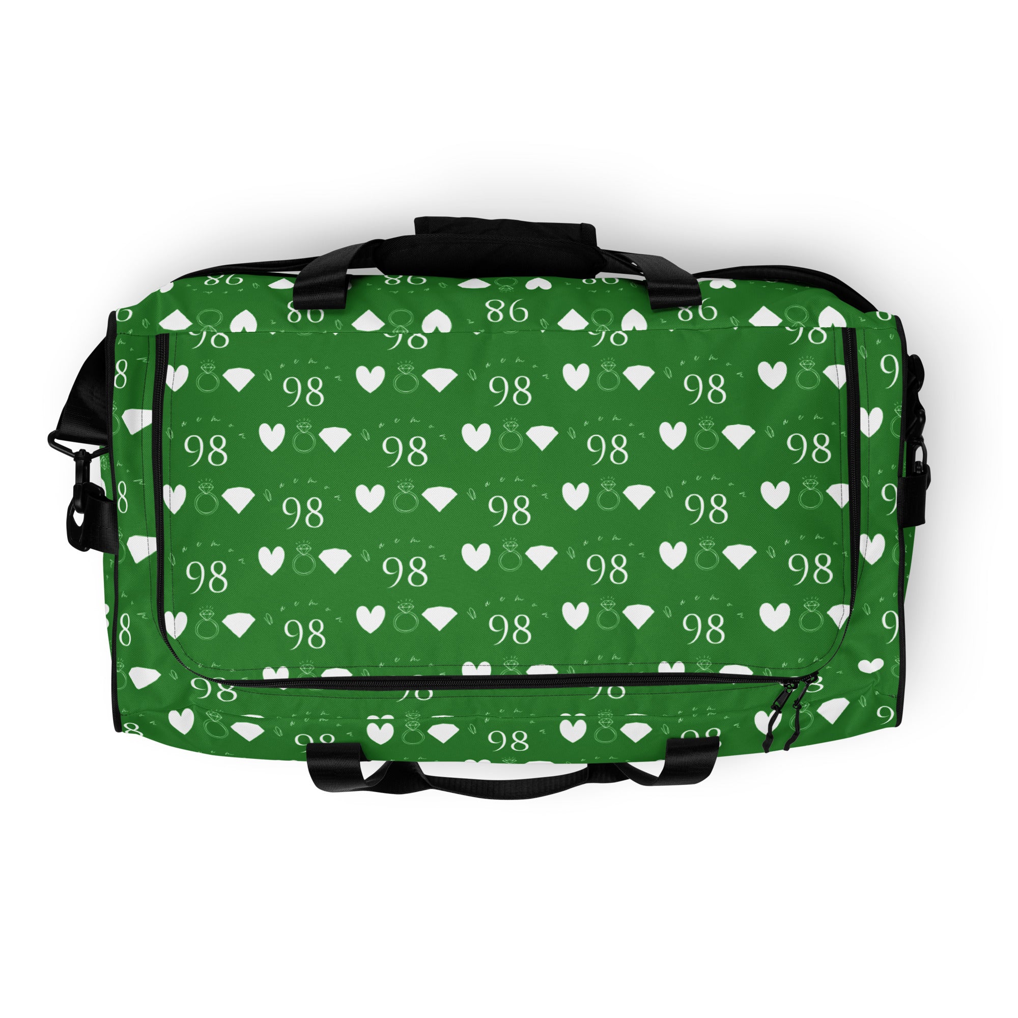 Daemon Luxury Belly Red’s Garden all-over-print duffle bag with vibrant floral design on white fabric.