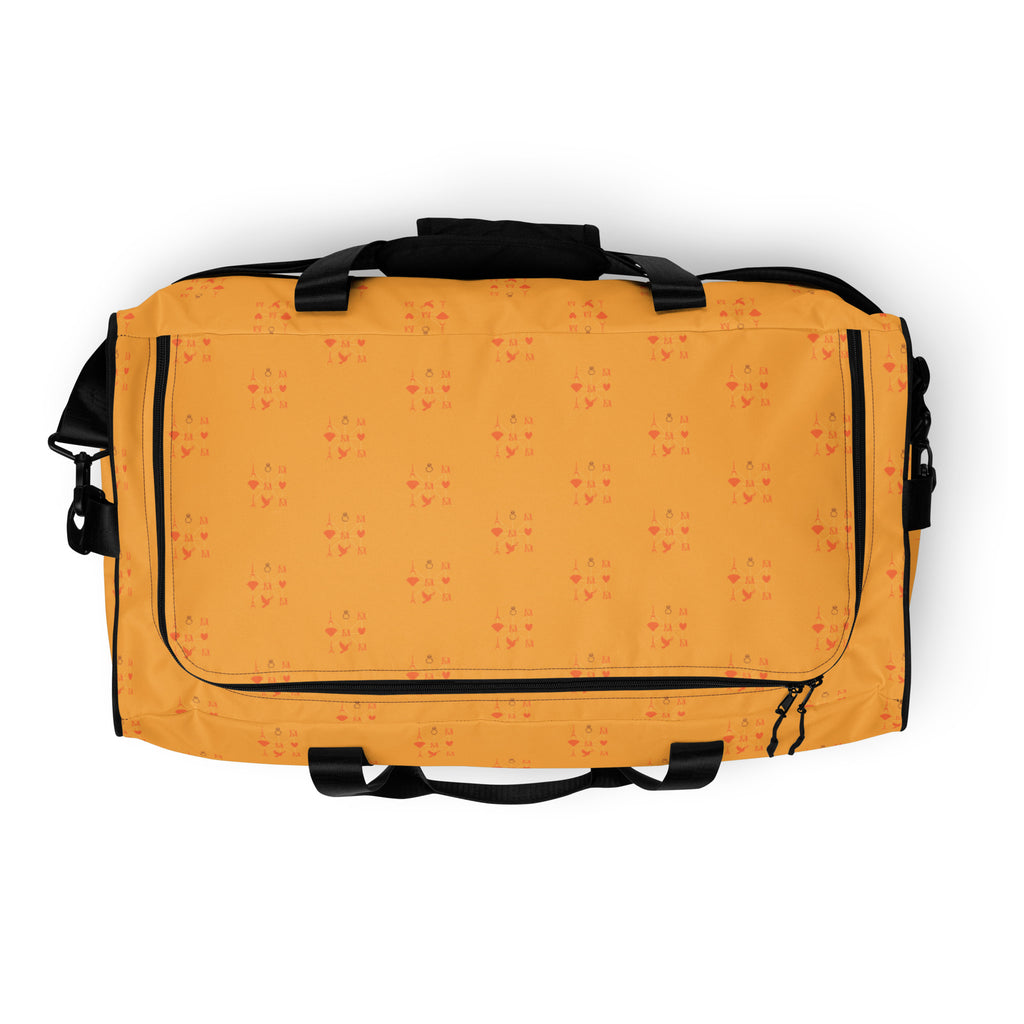 Daemon Luxury Makara Coroner all-over-print duffle bag featuring Lucciole Falò design on a white background.