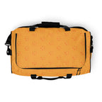 Daemon Luxury Makara Coroner all-over-print duffle bag featuring Lucciole Falò design on a white background.