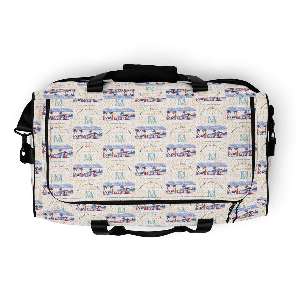 Daemon Luxury Honeybee Intel forecast duffle bag with all-over-print design on white fabric, spacious and stylish travel accessory.