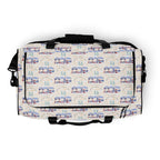 Daemon Luxury Honeybee Intel forecast duffle bag with all-over-print design on white fabric, spacious and stylish travel accessory.