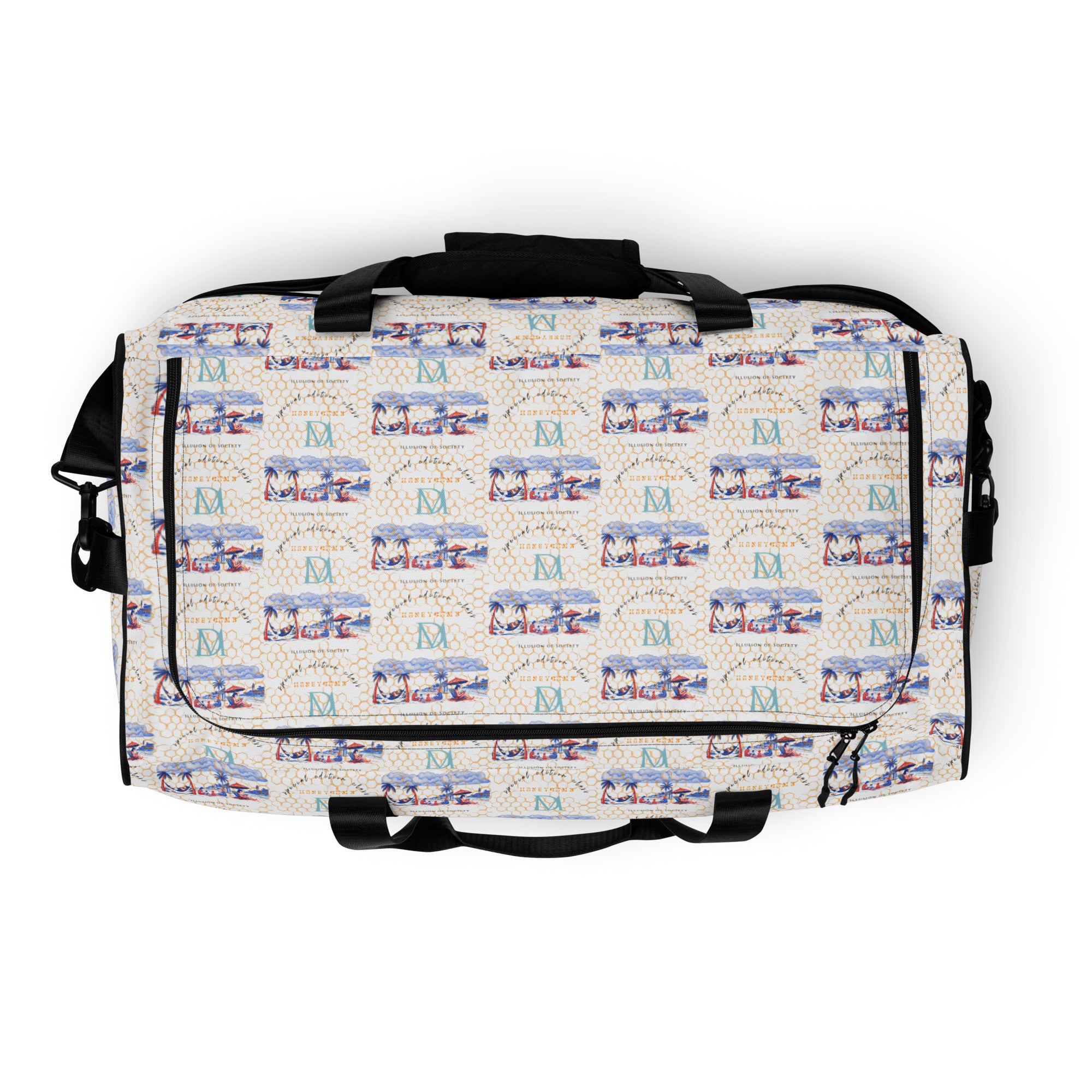 Daemon Luxury Honeybee Intel forecast duffle bag with all-over-print design on white fabric, spacious and stylish travel accessory.