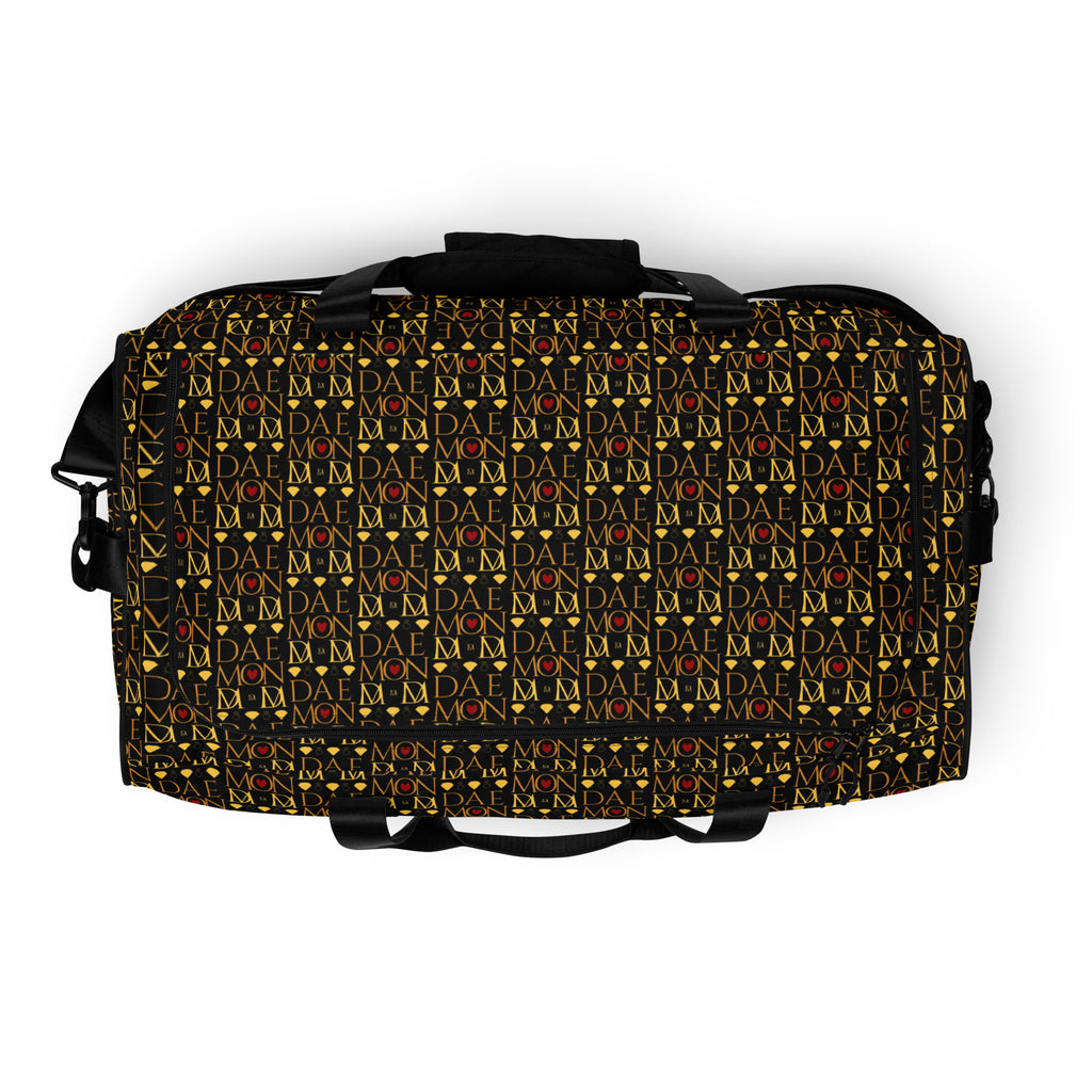 Sun Glow California all-over print duffle bag by Daemon Luxury featuring a white top and vibrant sun-themed design.