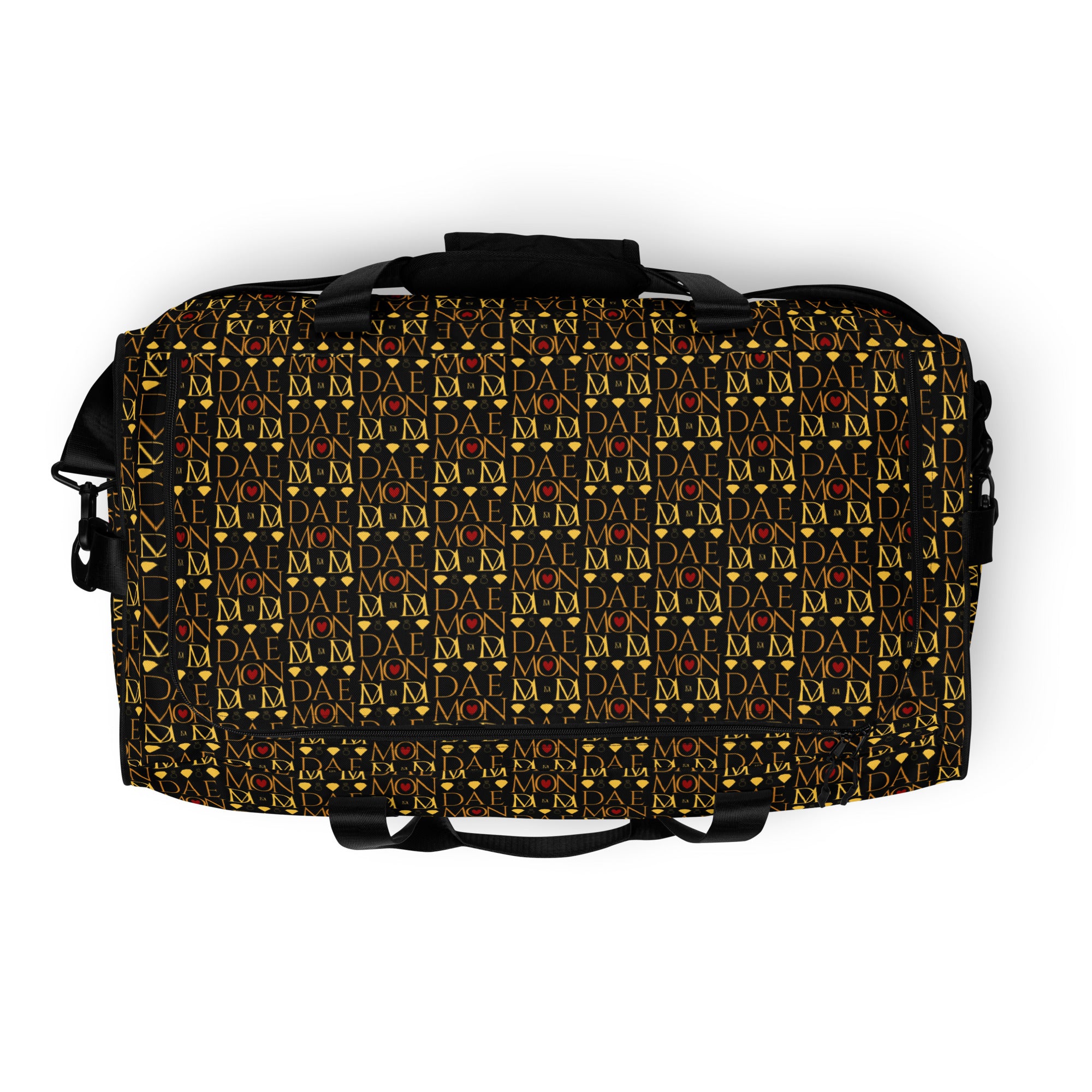 Sun Glow California all-over print duffle bag by Daemon Luxury featuring a white top and vibrant sun-themed design.