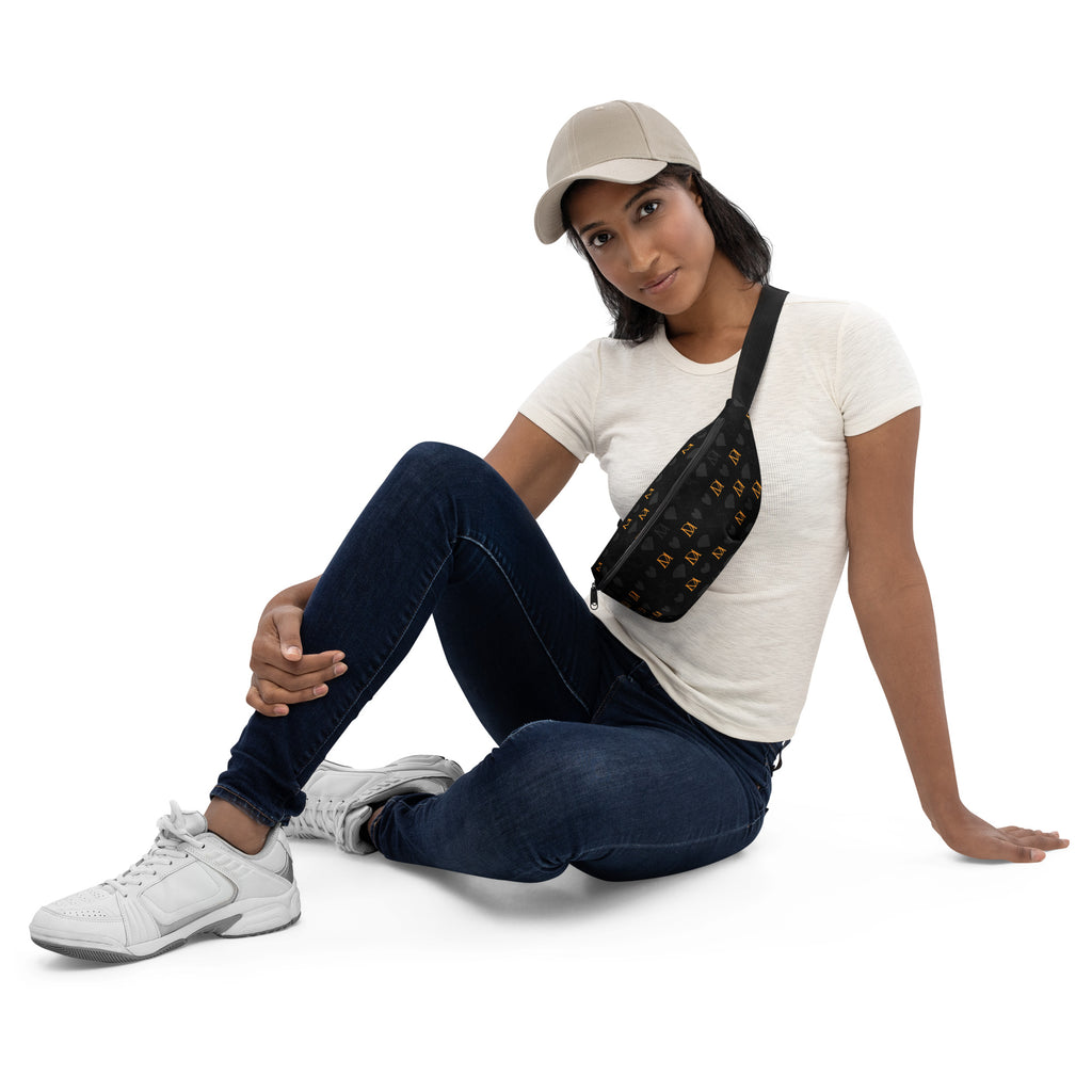 Daemon Frosted Diamonds Gold Tender fanny pack with all-over white print and gold accents, featuring a stylish and functional design.