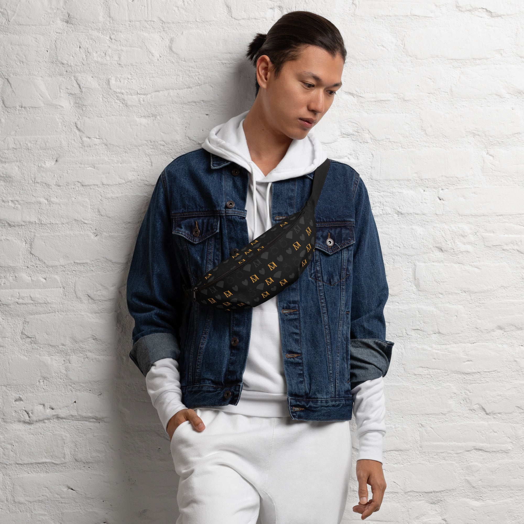Daemon Frosted Diamonds Gold Tender fanny pack with all-over print, featuring white background and stylish gold diamond design.