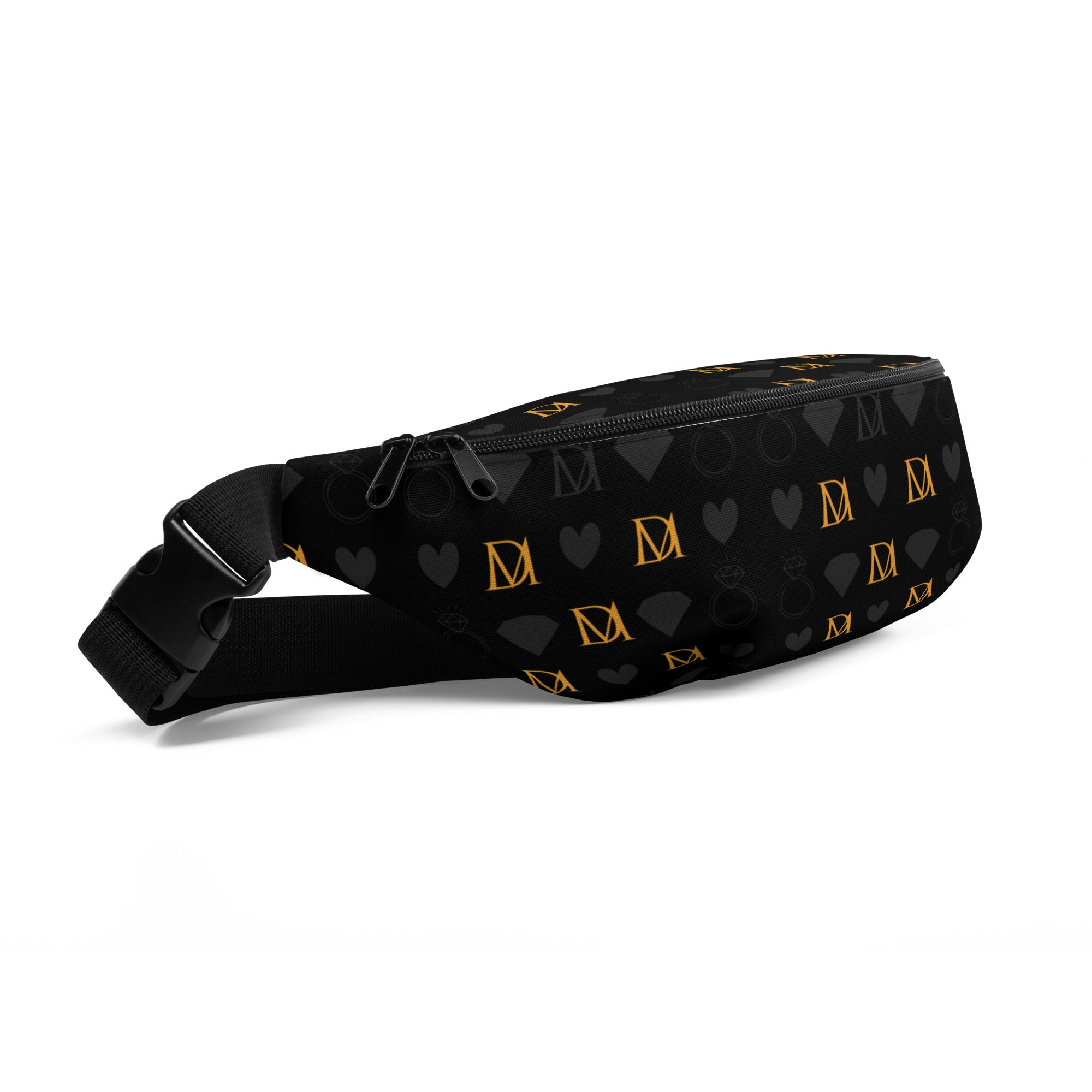 Daemon Frosted Diamonds Gold Tender fanny pack with all-over white diamond print, front-left view showing stylish design.