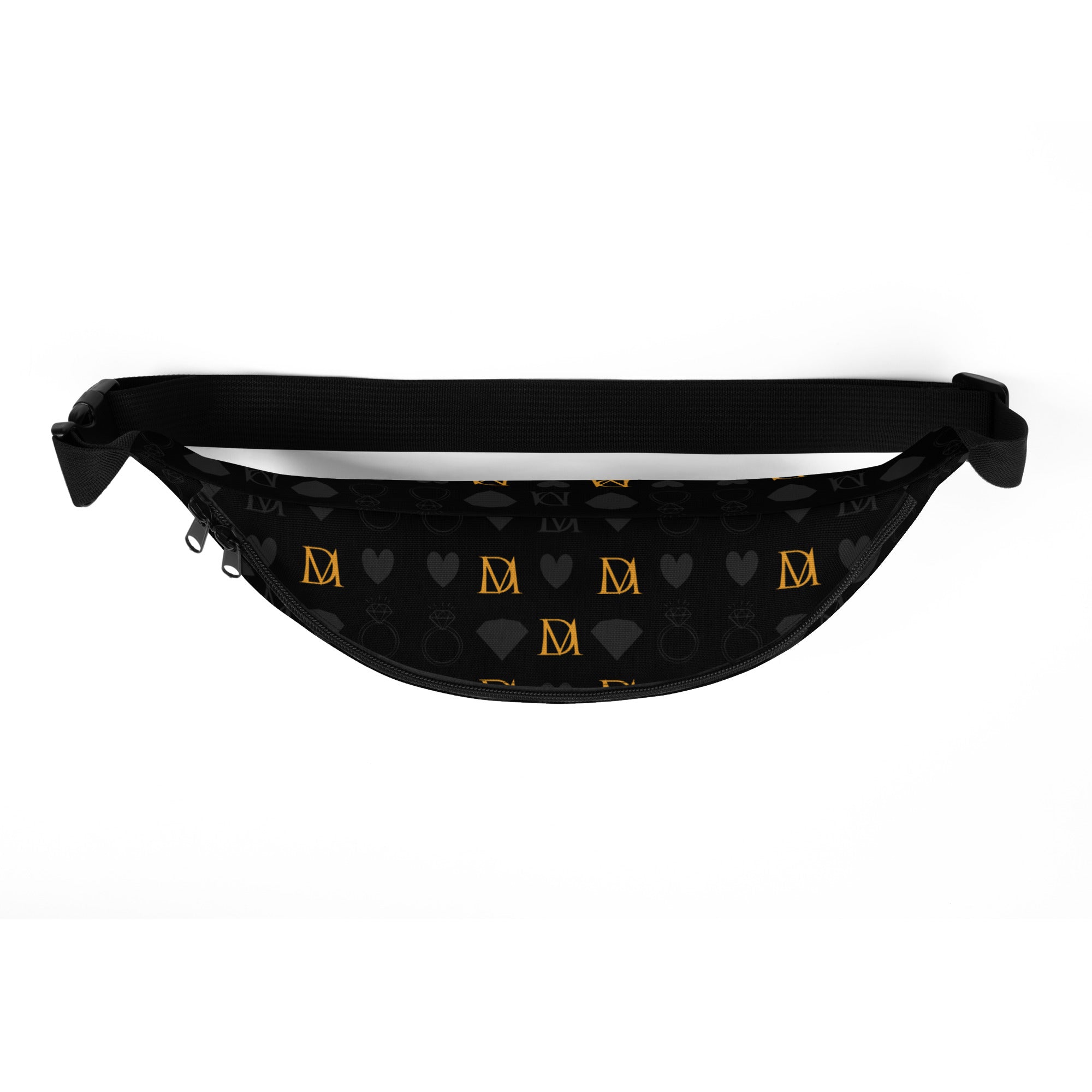White fanny pack with frosted diamond gold tender all-over print by Daemon, featuring a stylish and compact design.