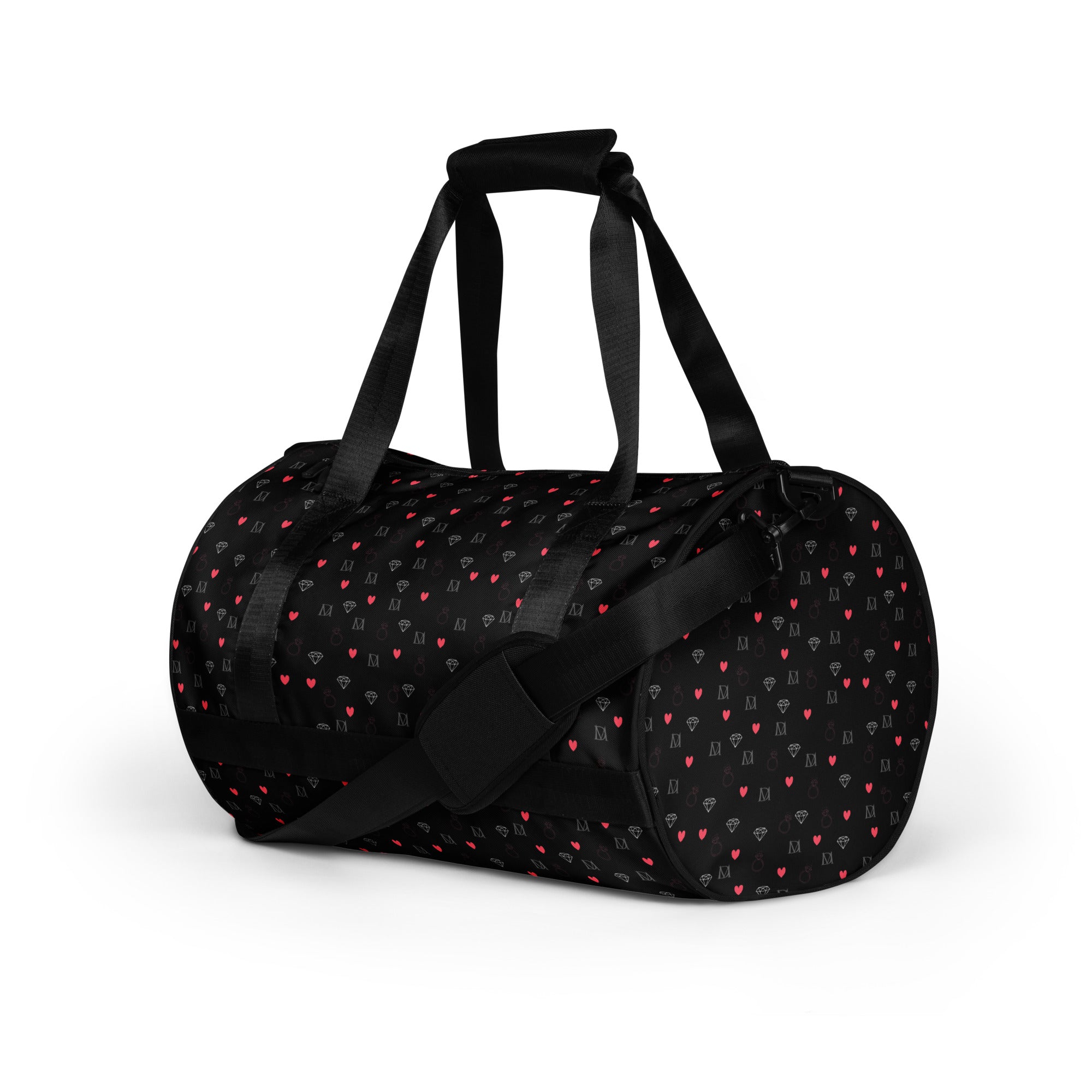 Daemon Luxury Speckled Diamonds NEMESIS Borsone Micro gym bag with all-over white and black diamond pattern, front view.