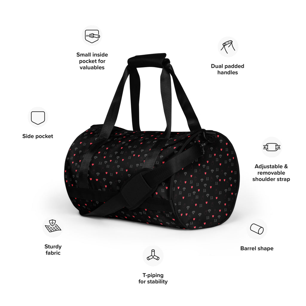 Daemon Luxury Speckled Diamonds Borsone Micro gym bag with white all-over print, featuring black handles and zipper details.