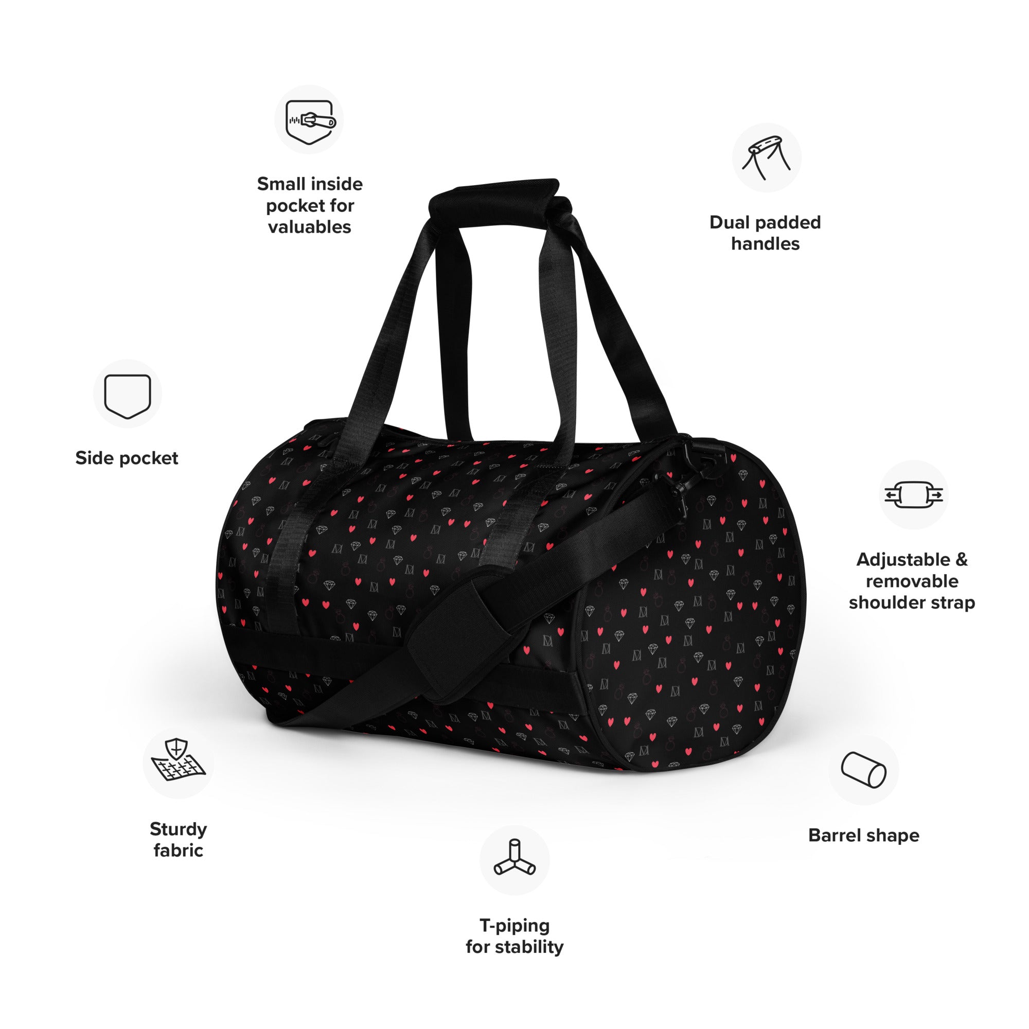 Daemon Luxury Speckled Diamonds Borsone Micro gym bag with white all-over print, featuring black handles and zipper details.