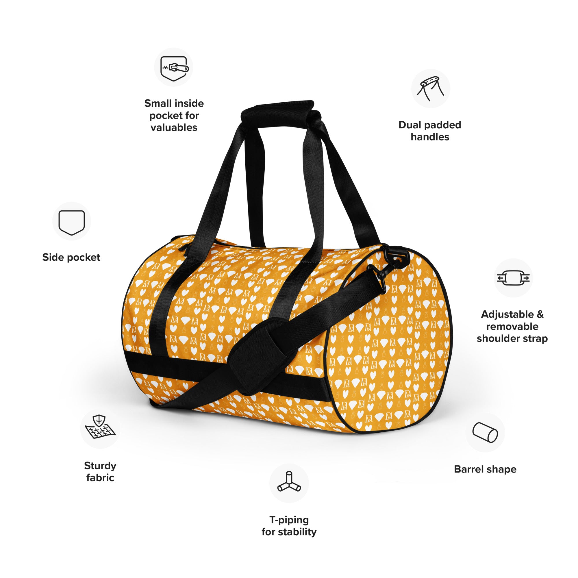 Daemon Luxury Frosted Diamonds Tarmin Honeybees all-over-print gym bag in white, featuring a stylish, detailed design on the front and side.