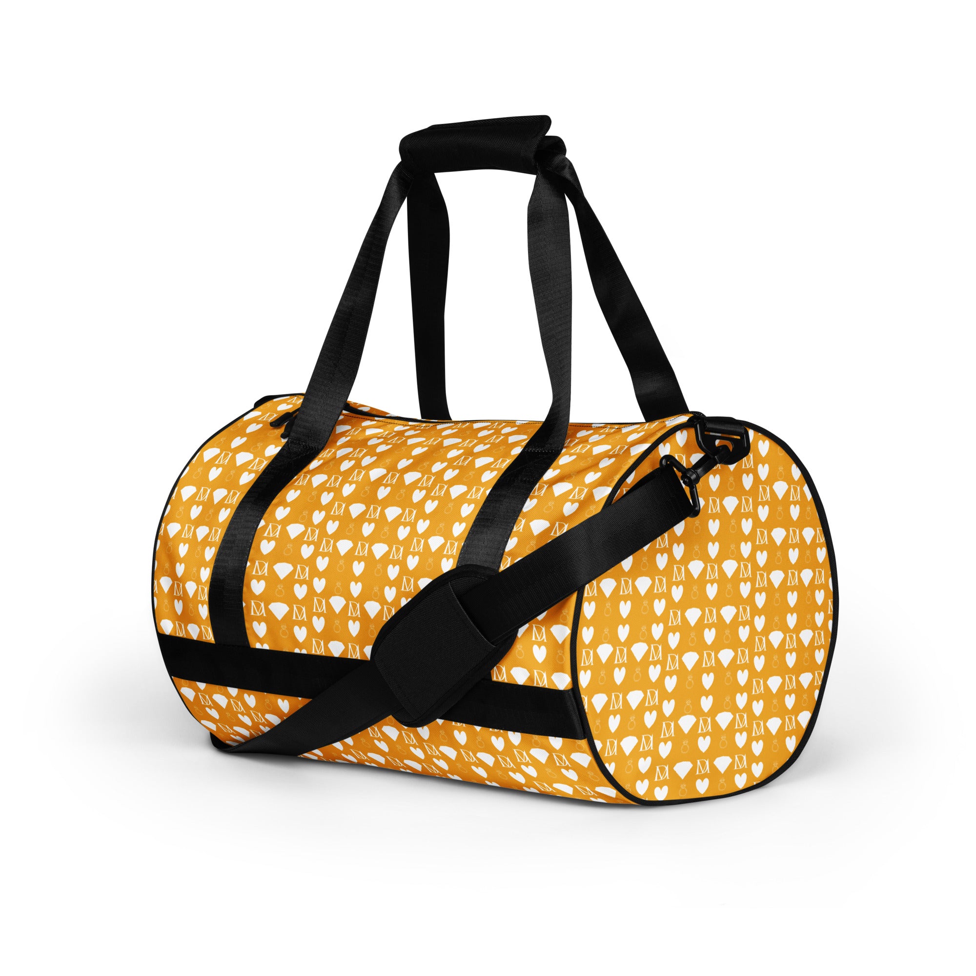 Daemon Luxury Frosted Diamonds Tarmin Honeybees all-over-print gym bag in white, front view showing detailed design and handles.