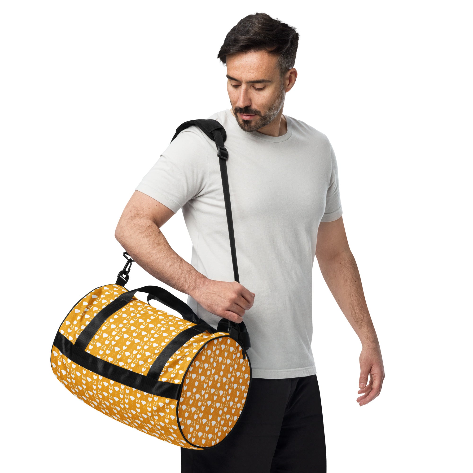 Daemon Luxury Frosted Diamonds Tarmin Honeybees gym bag with all-over white print, featuring a sleek, stylish design and sturdy handles.
