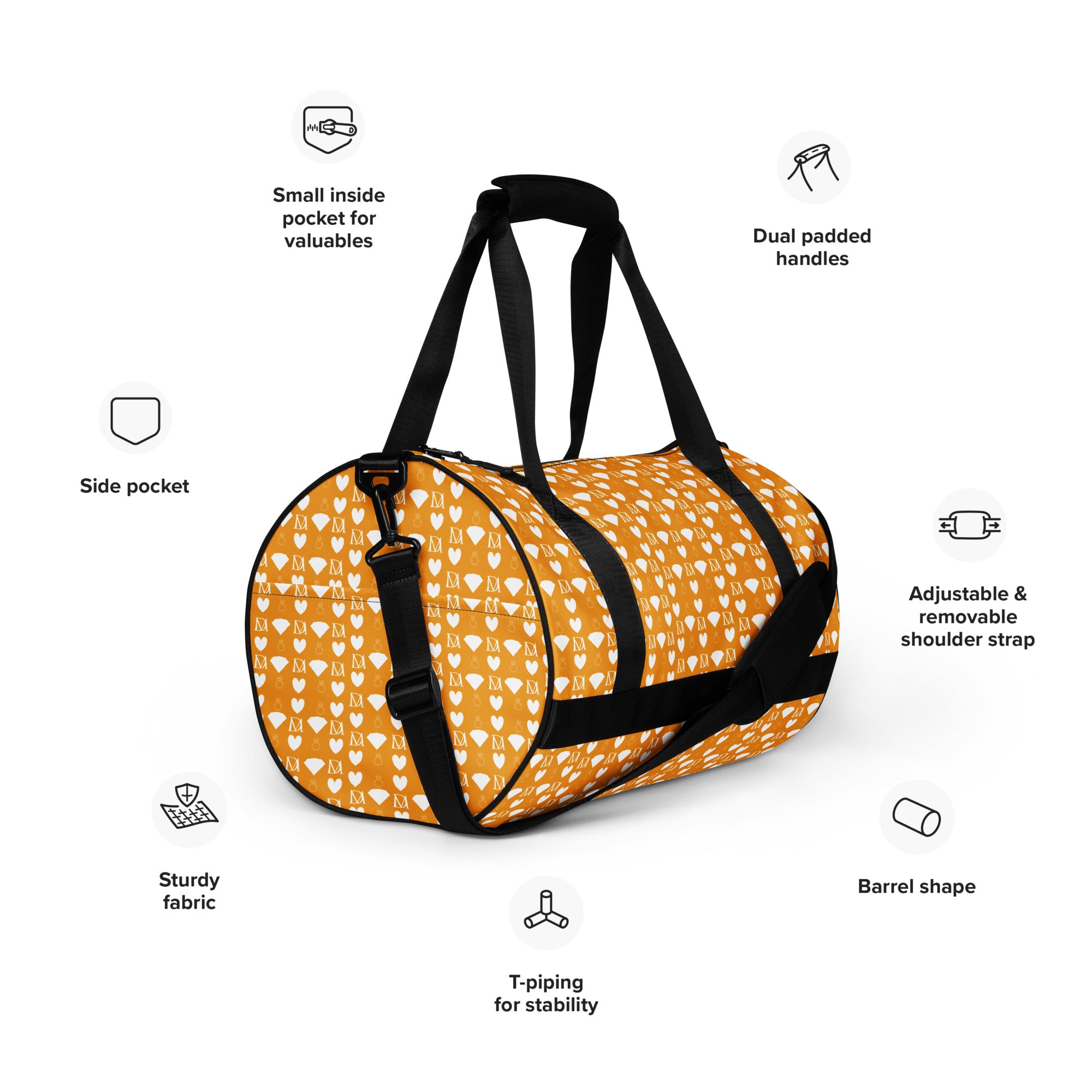 White Daemon Luxury Frosted Diamonds gym bag featuring all-over print with diamond pattern, right-front view.