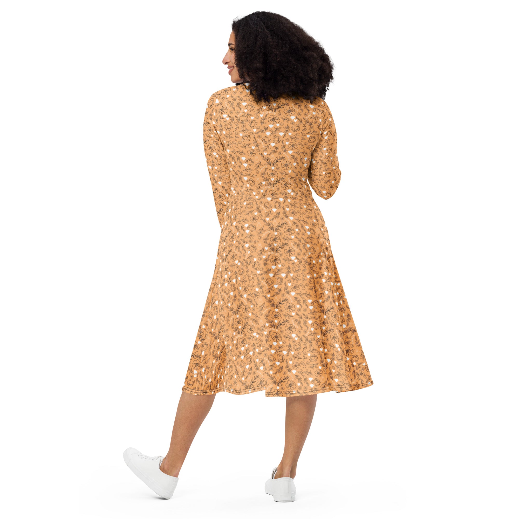 Daemon Luxury Florette Rebirth Sienna midi dress with all-over white floral print and long sleeves, back view.