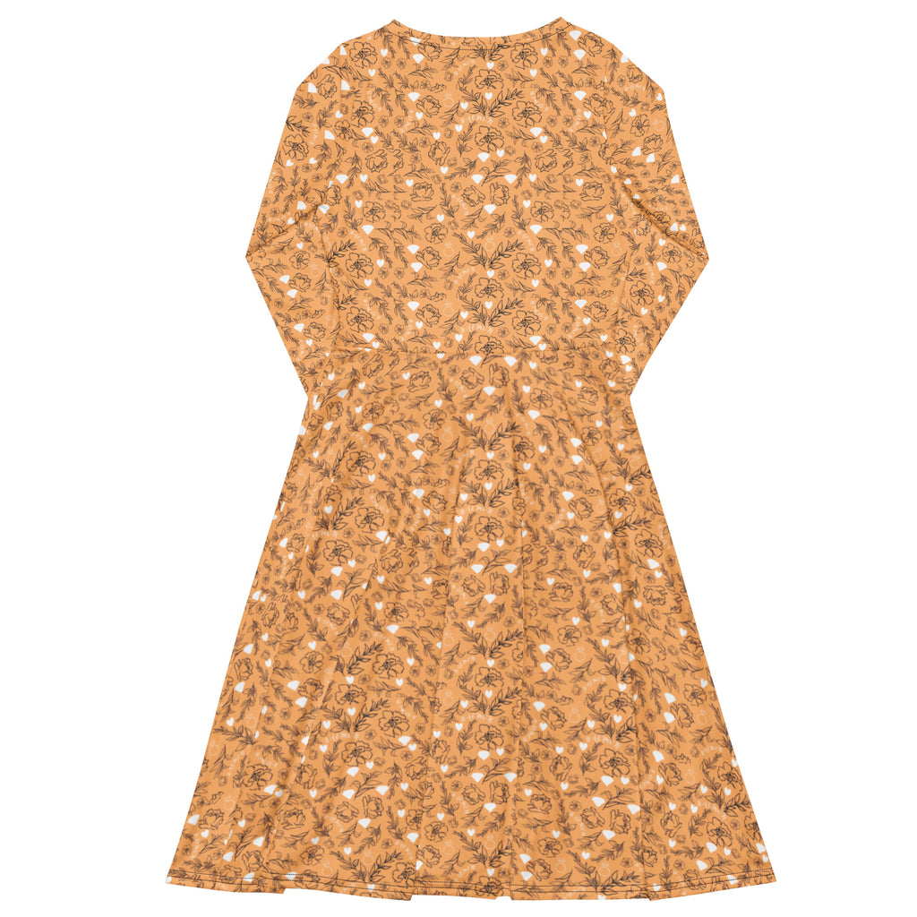 Daemon Luxury Florette Rebirth Sienna midi dress with all-over white floral print, long sleeves, and elegant design.