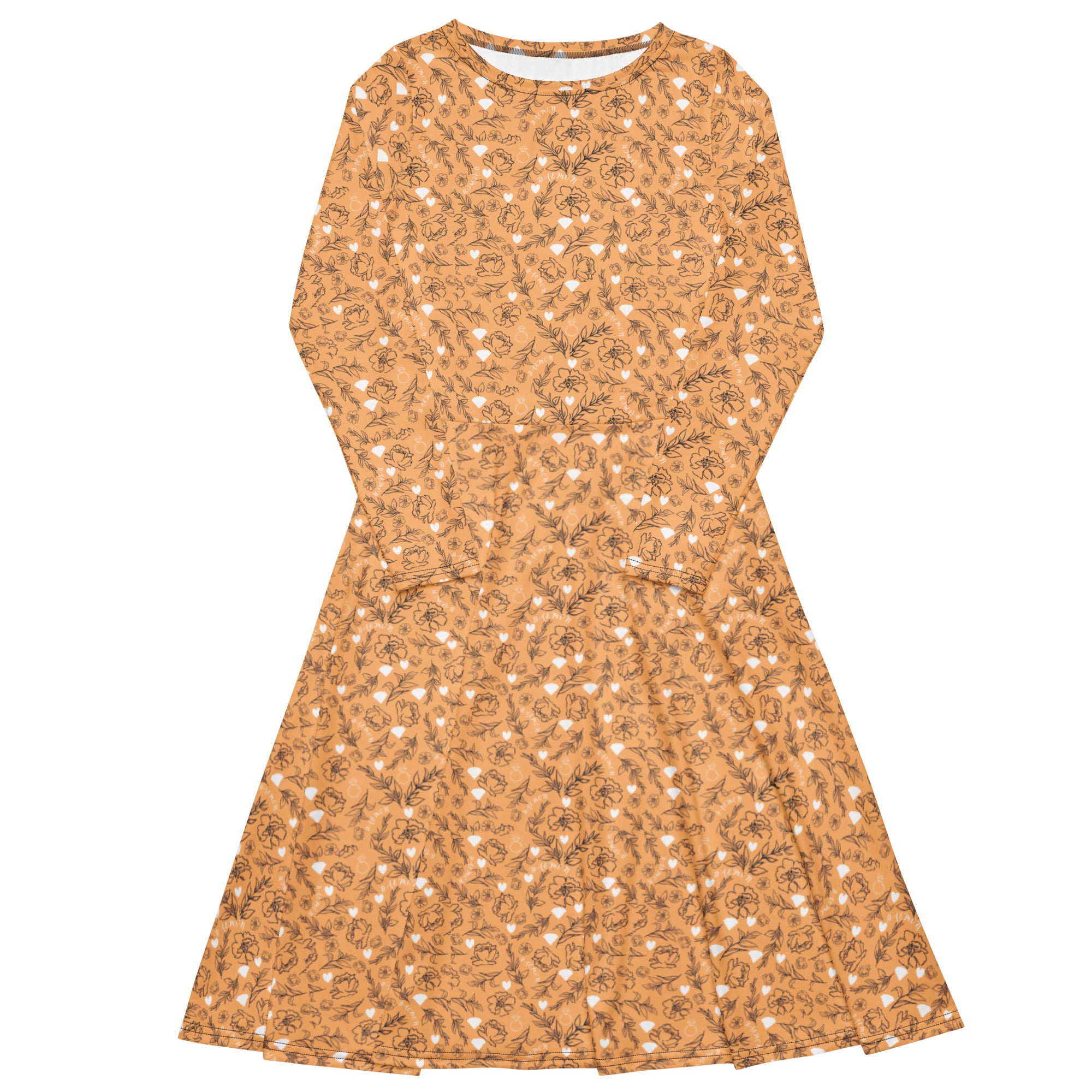 Daemon Luxury Florette Rebirth Sienna midi dress with all-over white floral print, long sleeves, and elegant design.