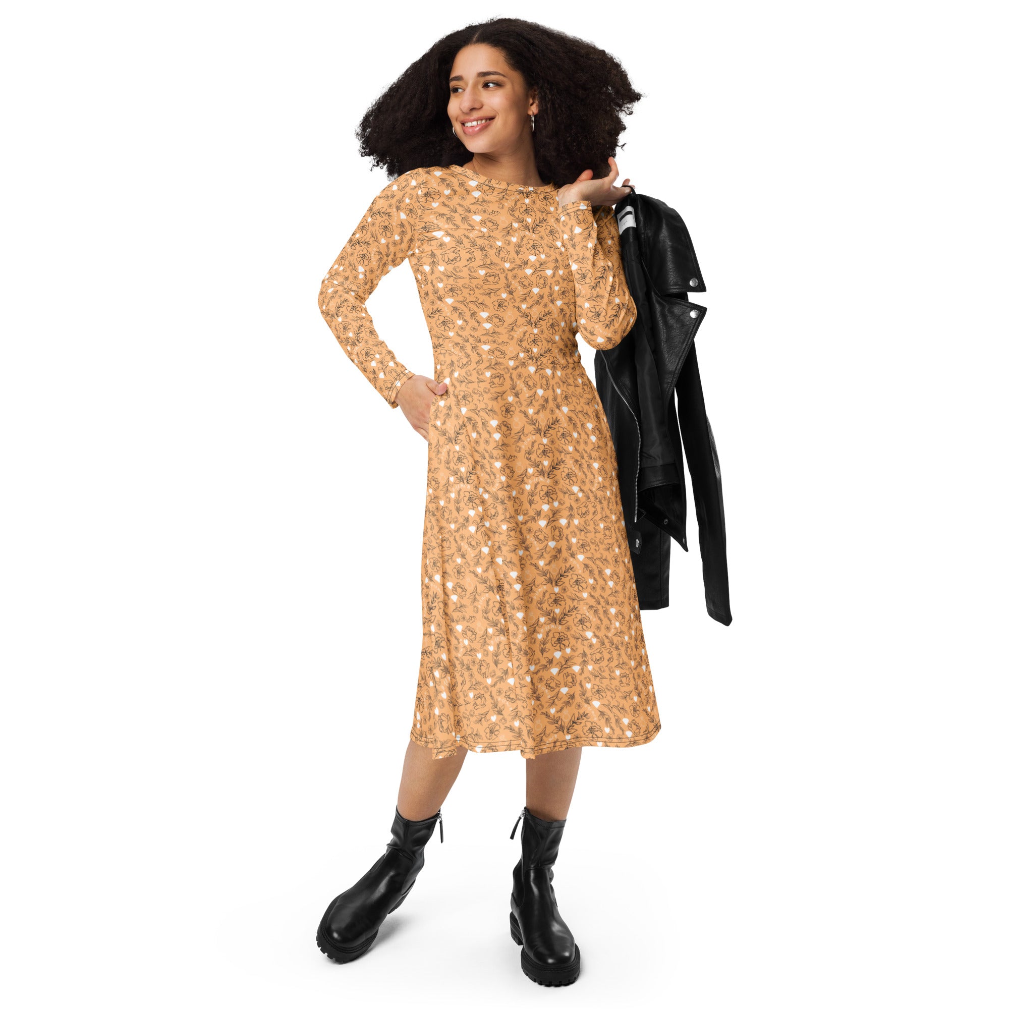 Daemon Luxury Florette Rebirth Sienna midi dress with all-over white print and long sleeves, front view.