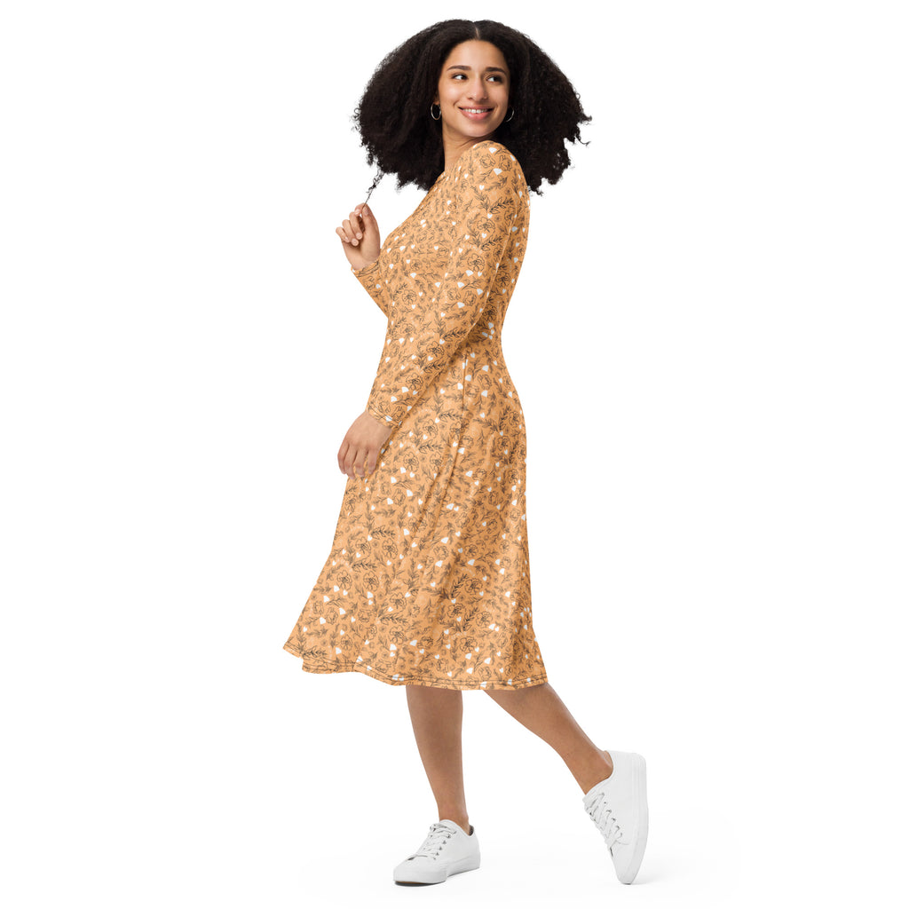 Daemon Luxury Florette Rebirth Sienna midi dress with all-over white floral print and long sleeves, front view.