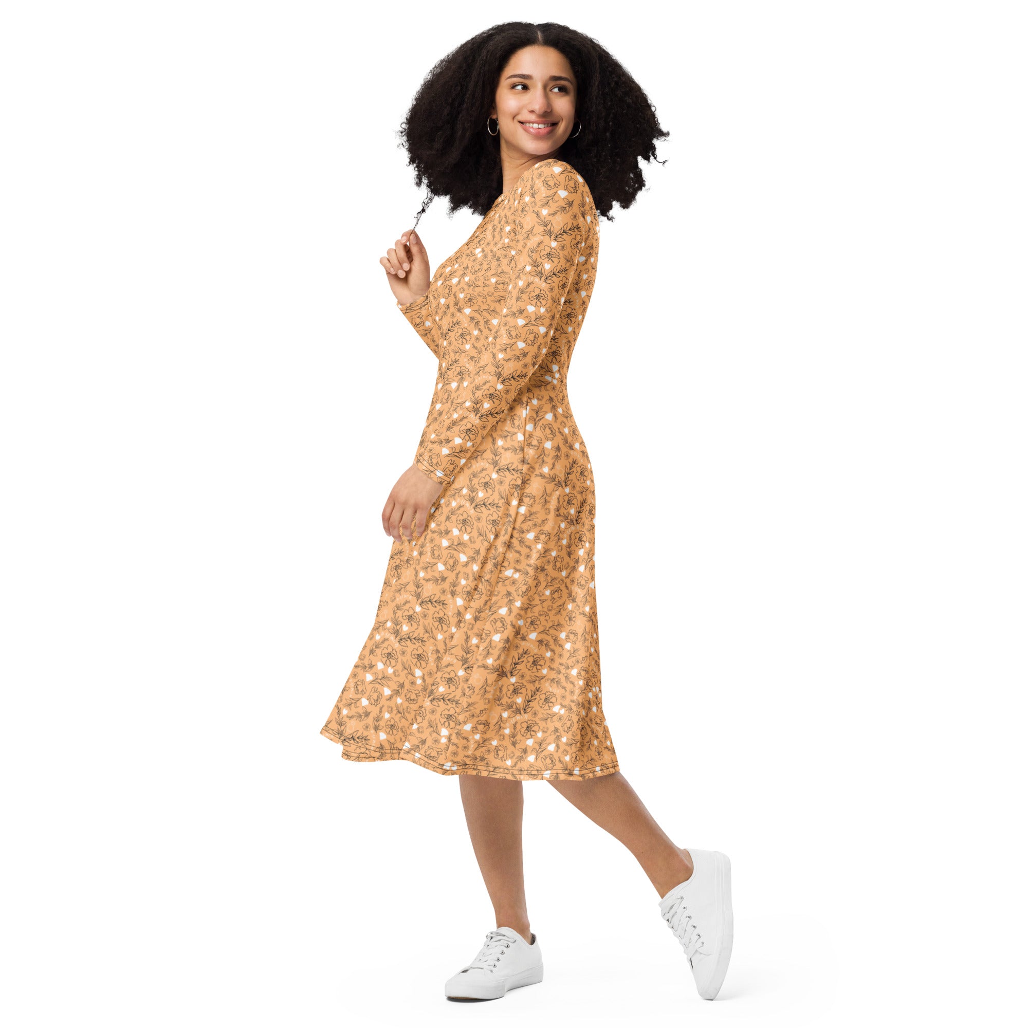 Daemon Luxury Florette Rebirth Sienna midi dress with all-over white floral print and long sleeves, front view.
