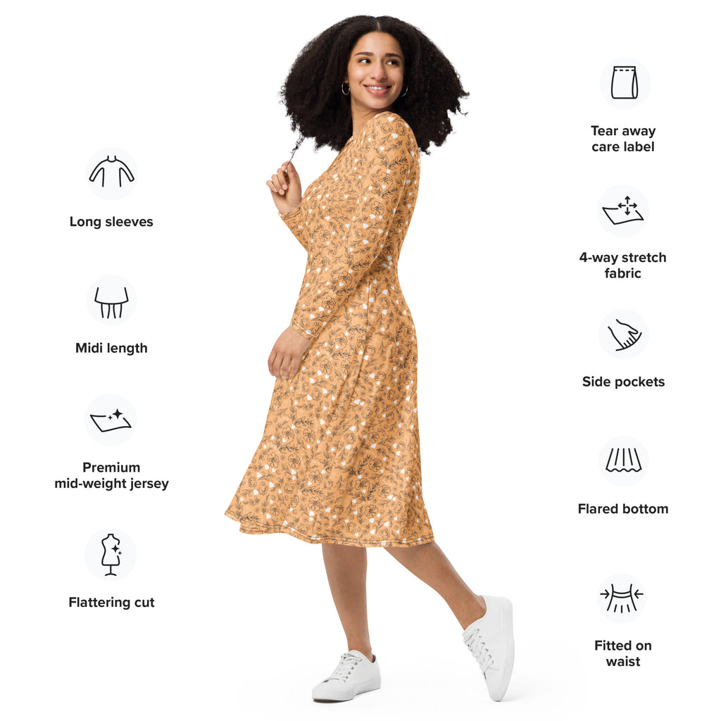 Daemon Luxury Florette Rebirth Sienna midi dress with all-over white print, long sleeves, and elegant design, front view.