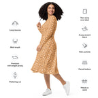 Daemon Luxury Florette Rebirth Sienna midi dress with all-over white print, long sleeves, and elegant design, front view.