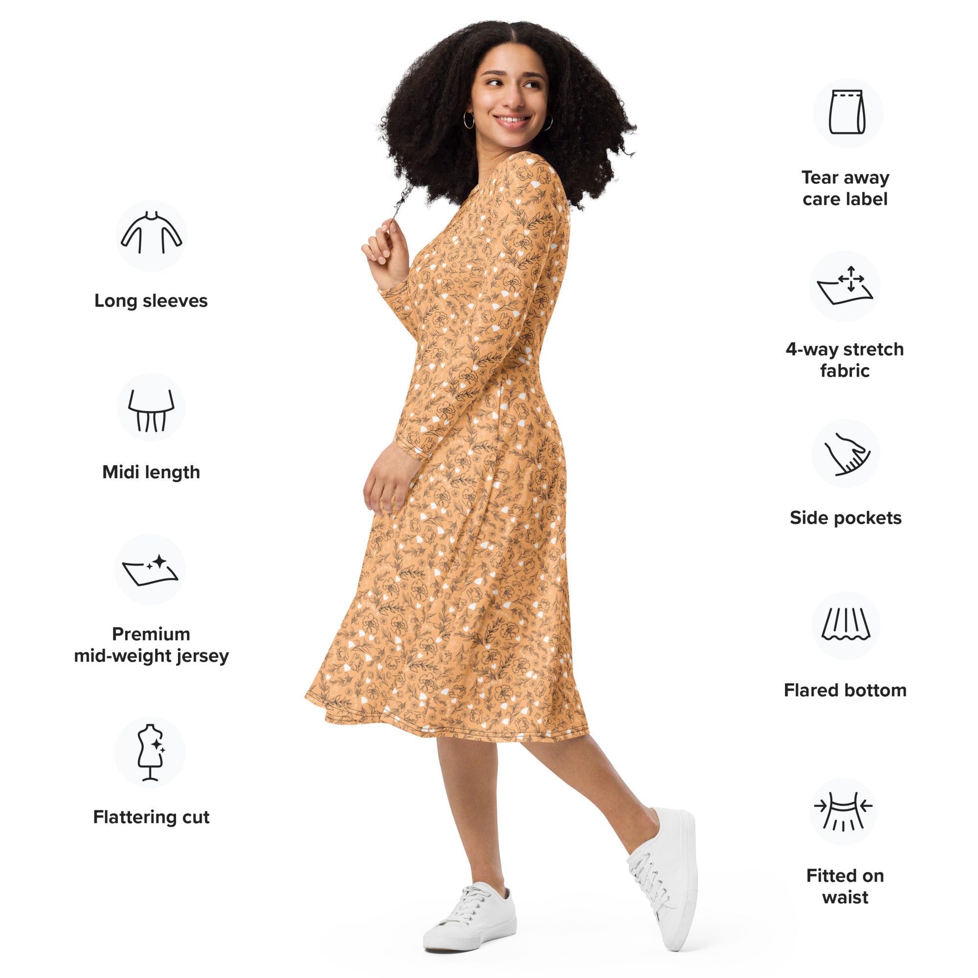 Daemon Luxury Florette Rebirth Sienna midi dress with all-over white print, long sleeves, and elegant design, front view.
