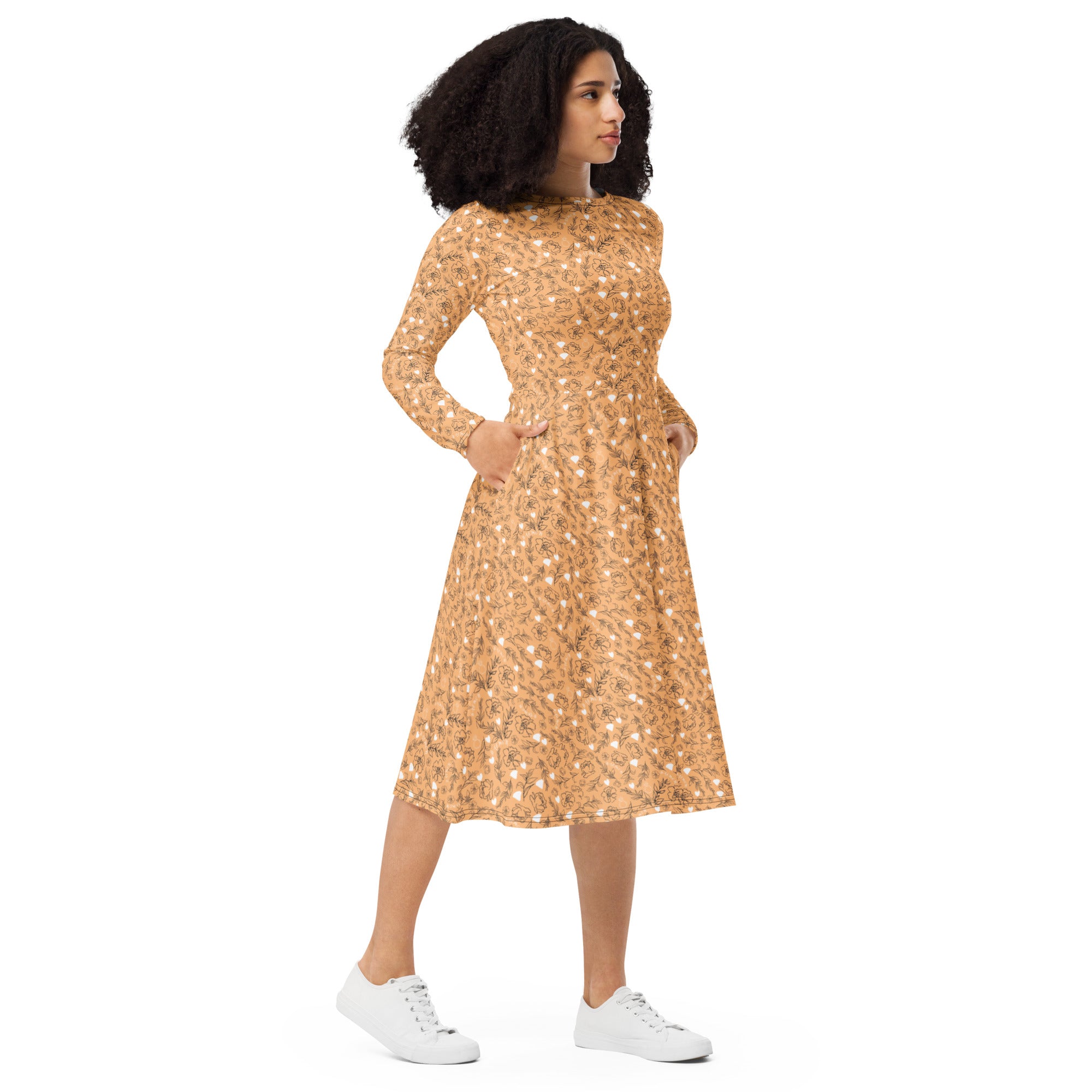 Daemon Luxury Florette Rebirth Sienna midi dress with all-over white print, long sleeves, and elegant design, right front view.