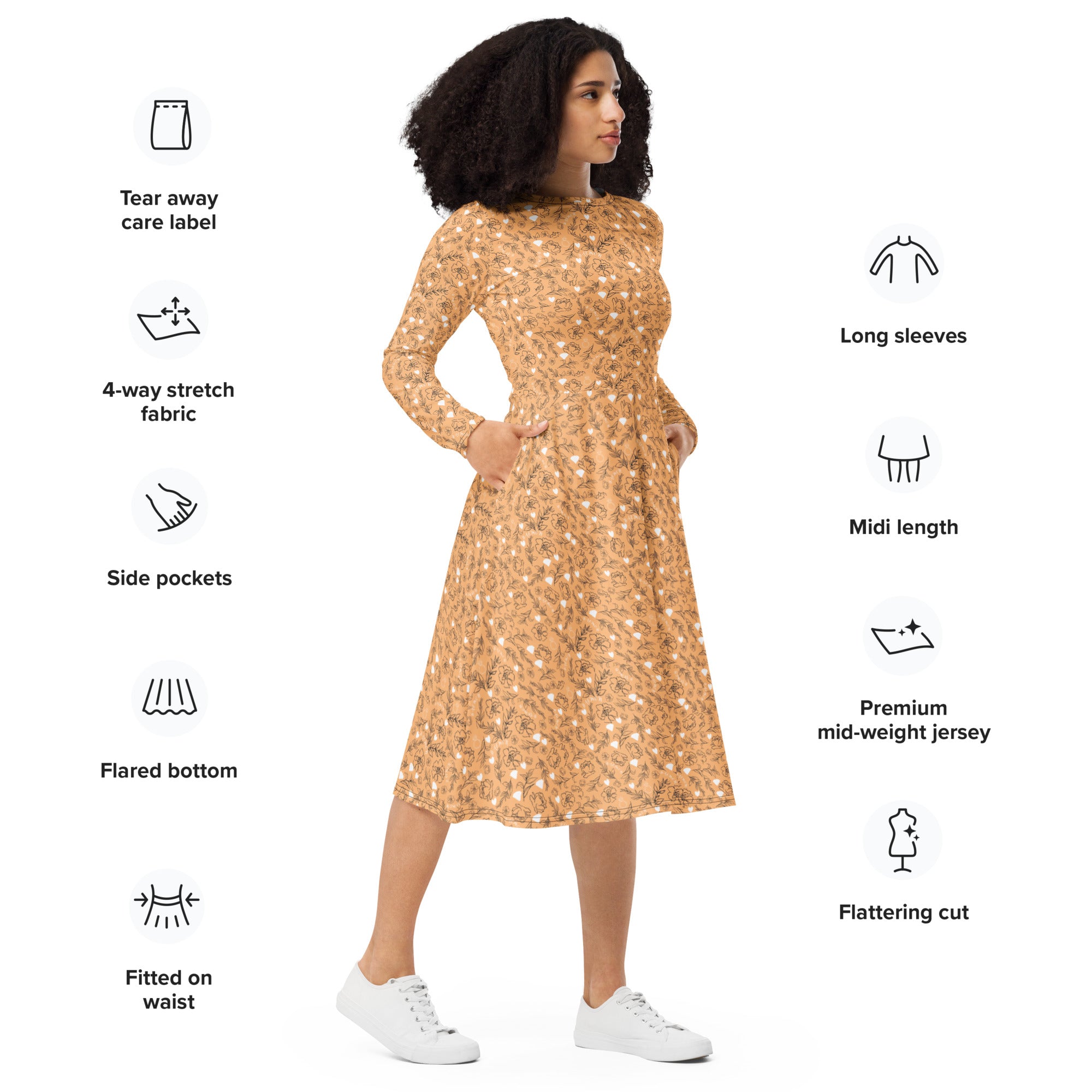 Daemon Luxury Florette Rebirth Sienna midi dress with all-over white floral print, long sleeves, and a fitted silhouette.