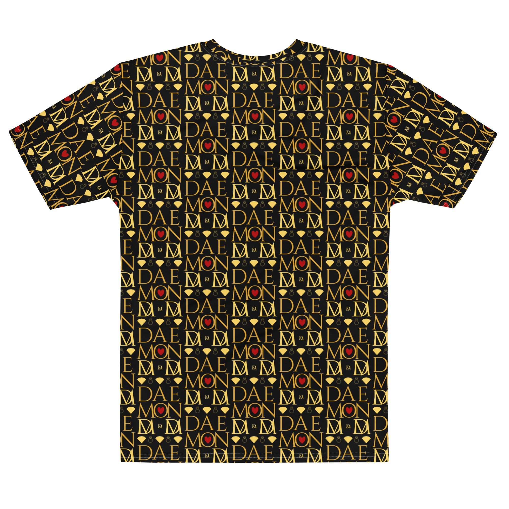 Daemon Luxury Sun Glow California men's cotton crew neck T-shirt with all-over print, white background and vibrant design.