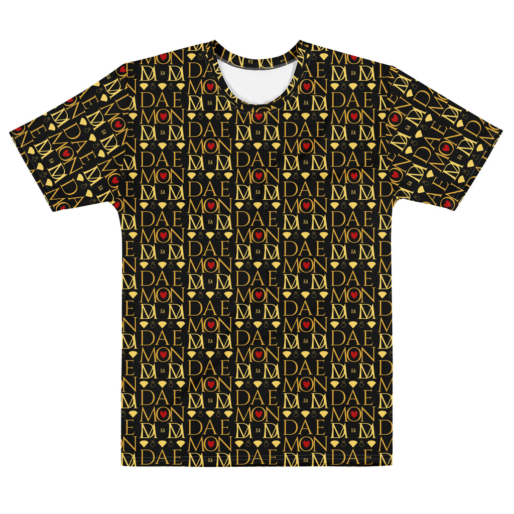 White men's cotton crew neck T-shirt with Sun Glow California and Premio il Man all-over print by Daemon Luxury.