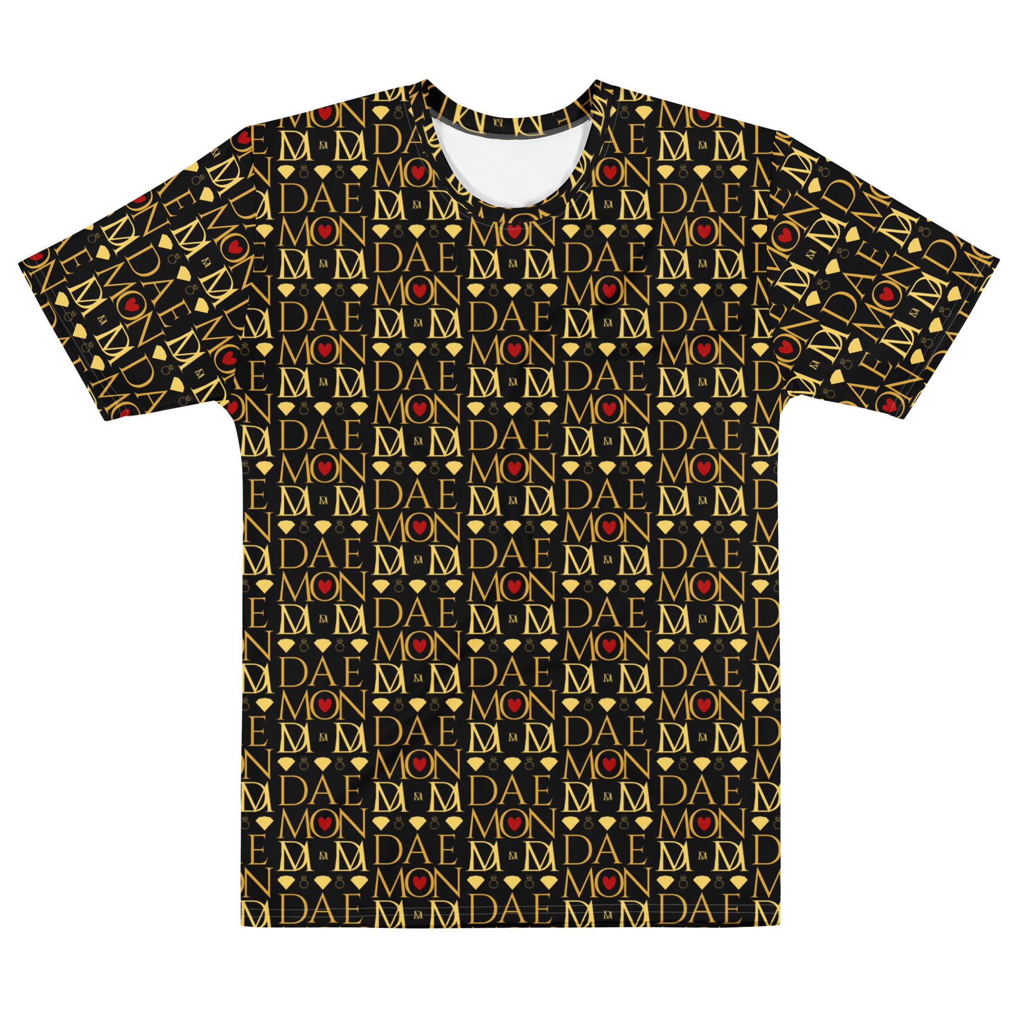 White men's cotton crew neck T-shirt with Sun Glow California and Premio il Man all-over print by Daemon Luxury.