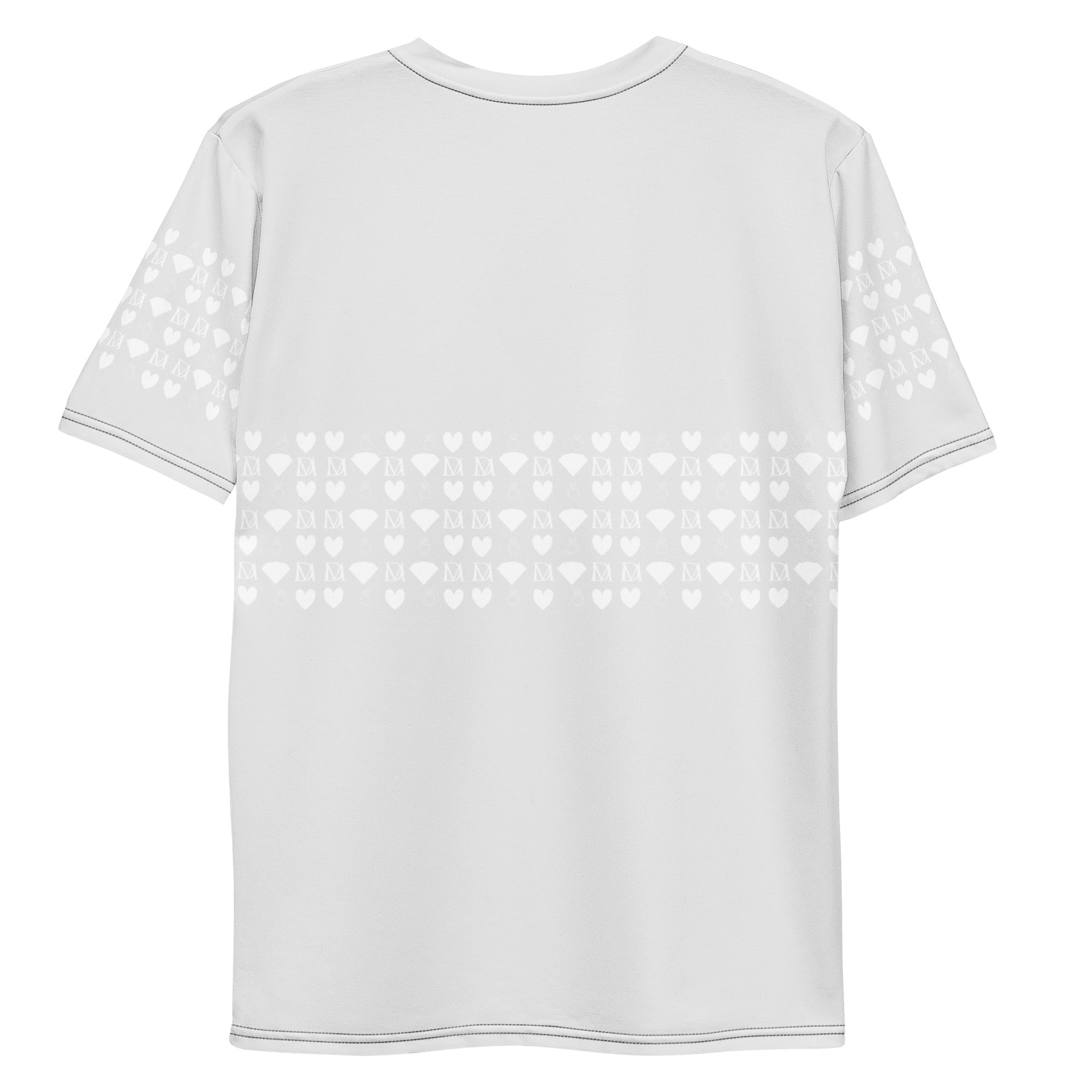 Men's white crew neck t-shirt featuring all-over print of Frosted Diamonds design by Daemon Luxury on the back.