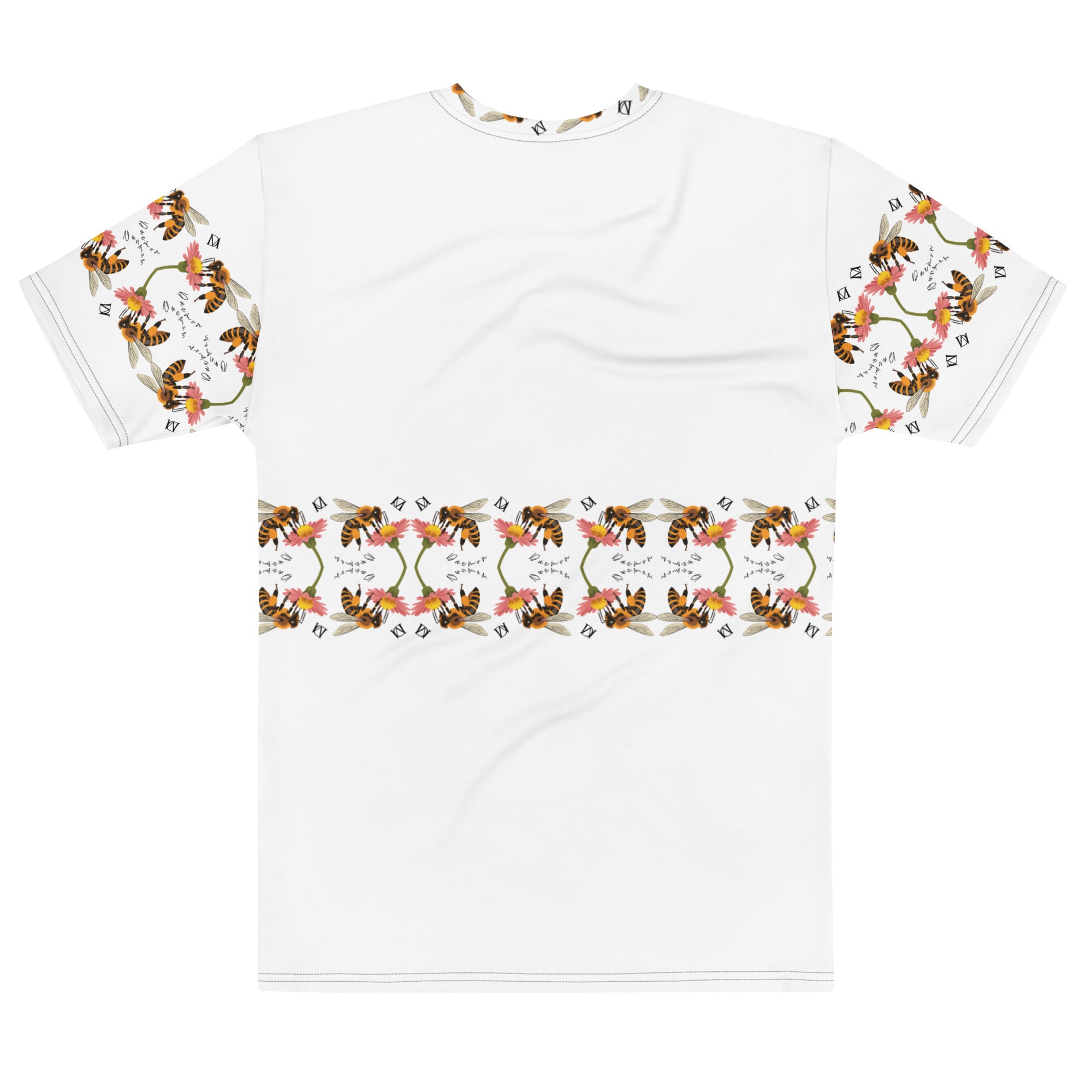 Daemon Luxury Honeybee Shores Premio il Man men's white crew neck T-shirt with all-over print, front and back design.