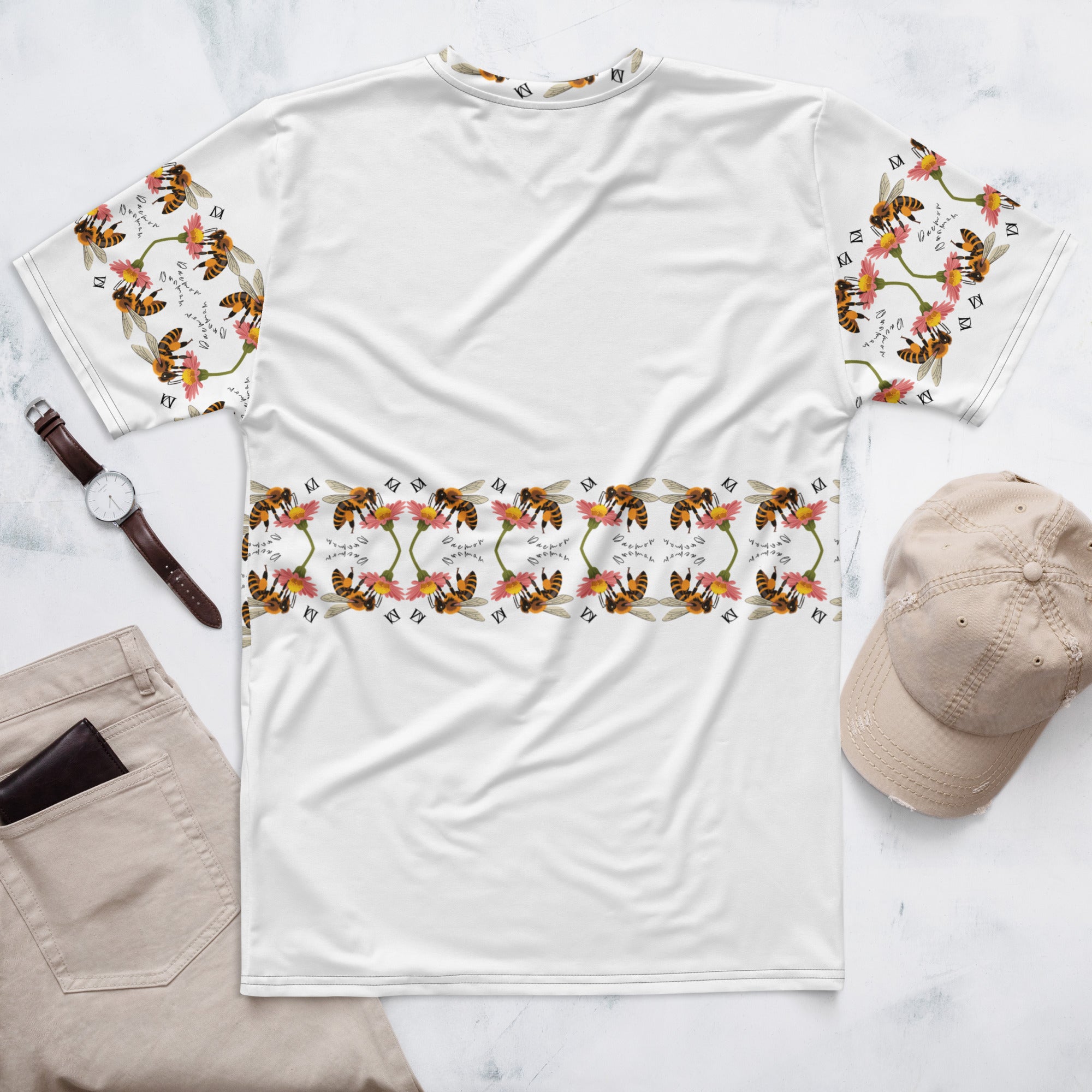 White men's crew neck t-shirt from Daemon Luxury's Honeybee Shores Premio il Man collection with all-over print design.