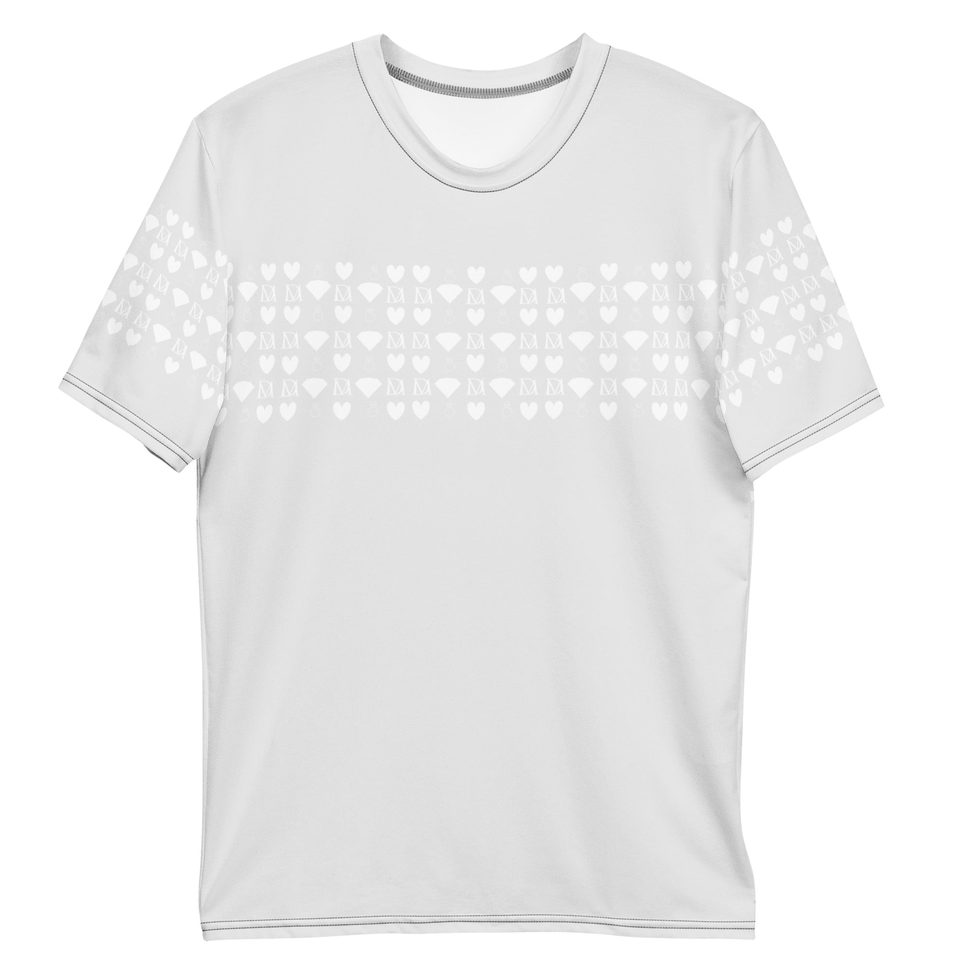 White men's crew neck T-shirt featuring all-over frosted diamond print by Daemon Luxury, front view.
