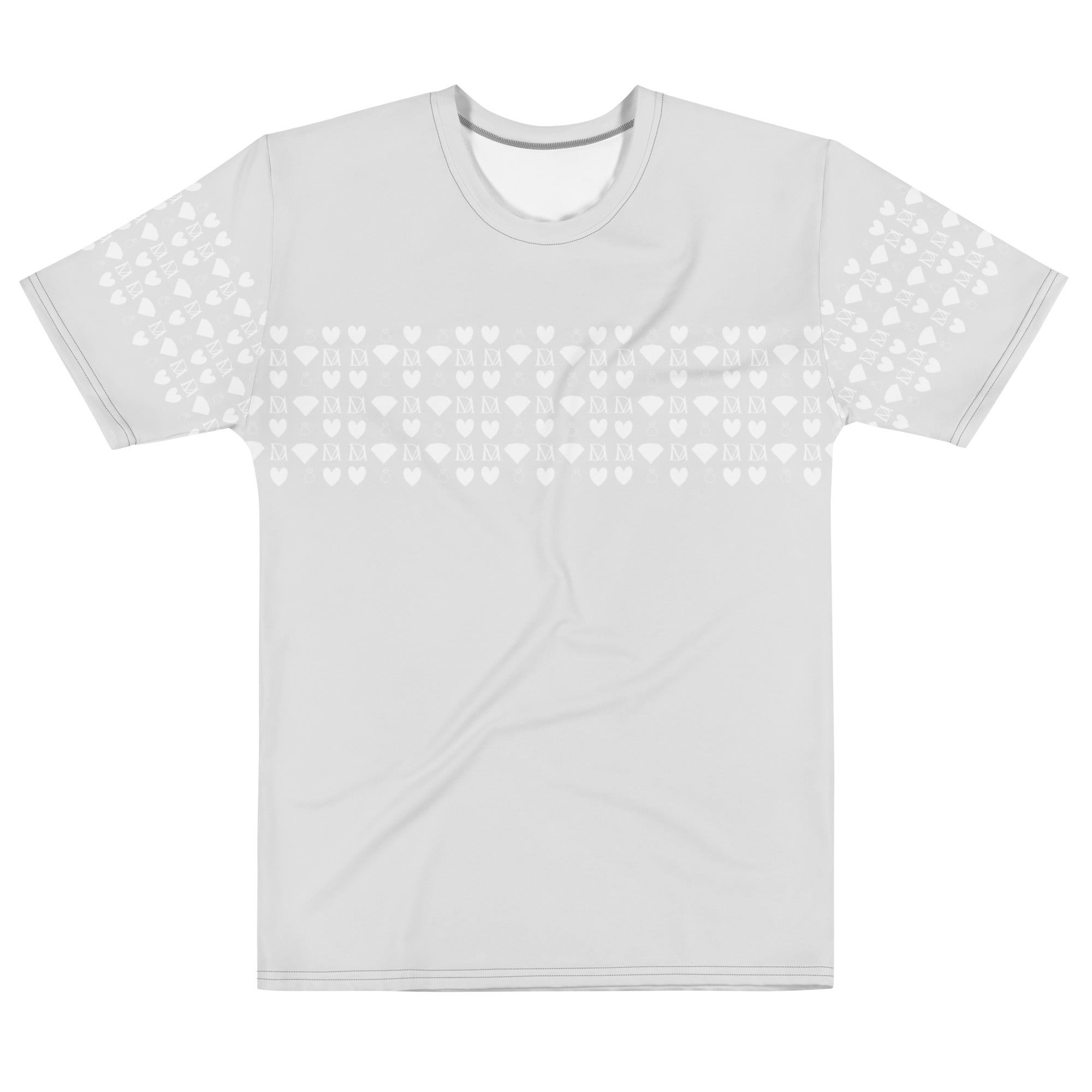 White men's crew neck T-shirt with all-over frosted diamond pattern by Daemon Luxury, featuring a stylish and modern design.