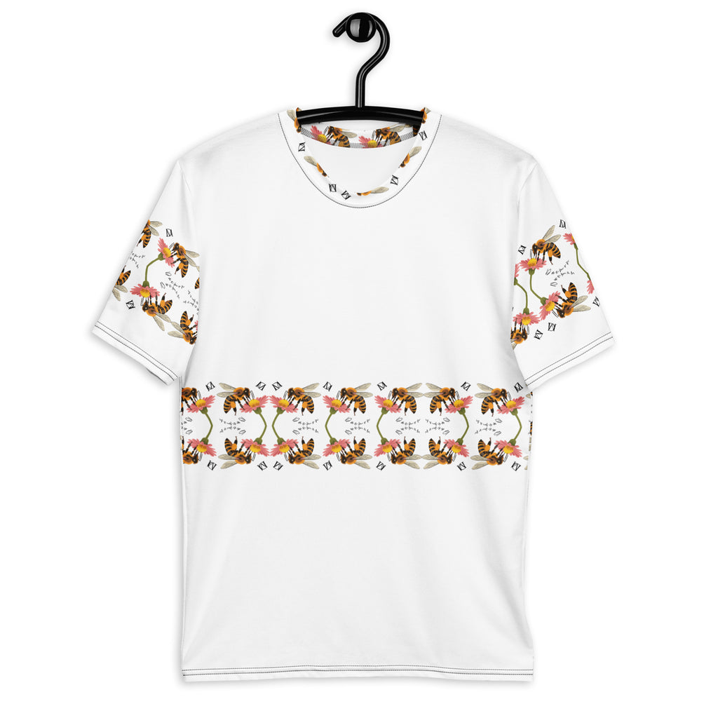 White men's crew neck T-shirt by Daemon Luxury featuring an all-over honeybee shores Premio il Man print design.
