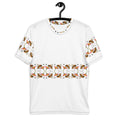 White men's crew neck T-shirt by Daemon Luxury featuring an all-over honeybee shores Premio il Man print design.