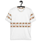 White men's crew neck T-shirt by Daemon Luxury featuring an all-over honeybee shores Premio il Man print design.