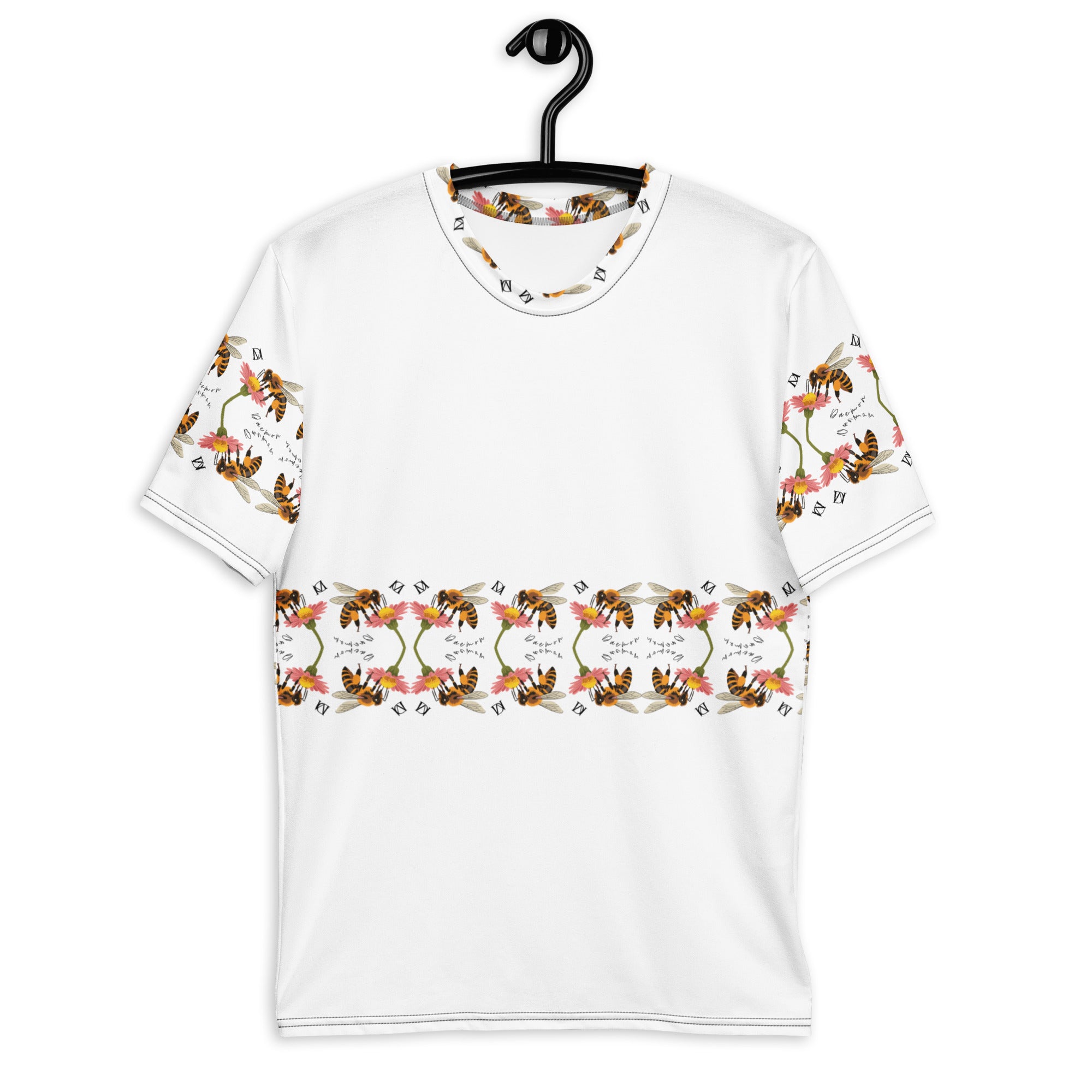 White men's crew neck T-shirt by Daemon Luxury featuring an all-over honeybee shores Premio il Man print design.