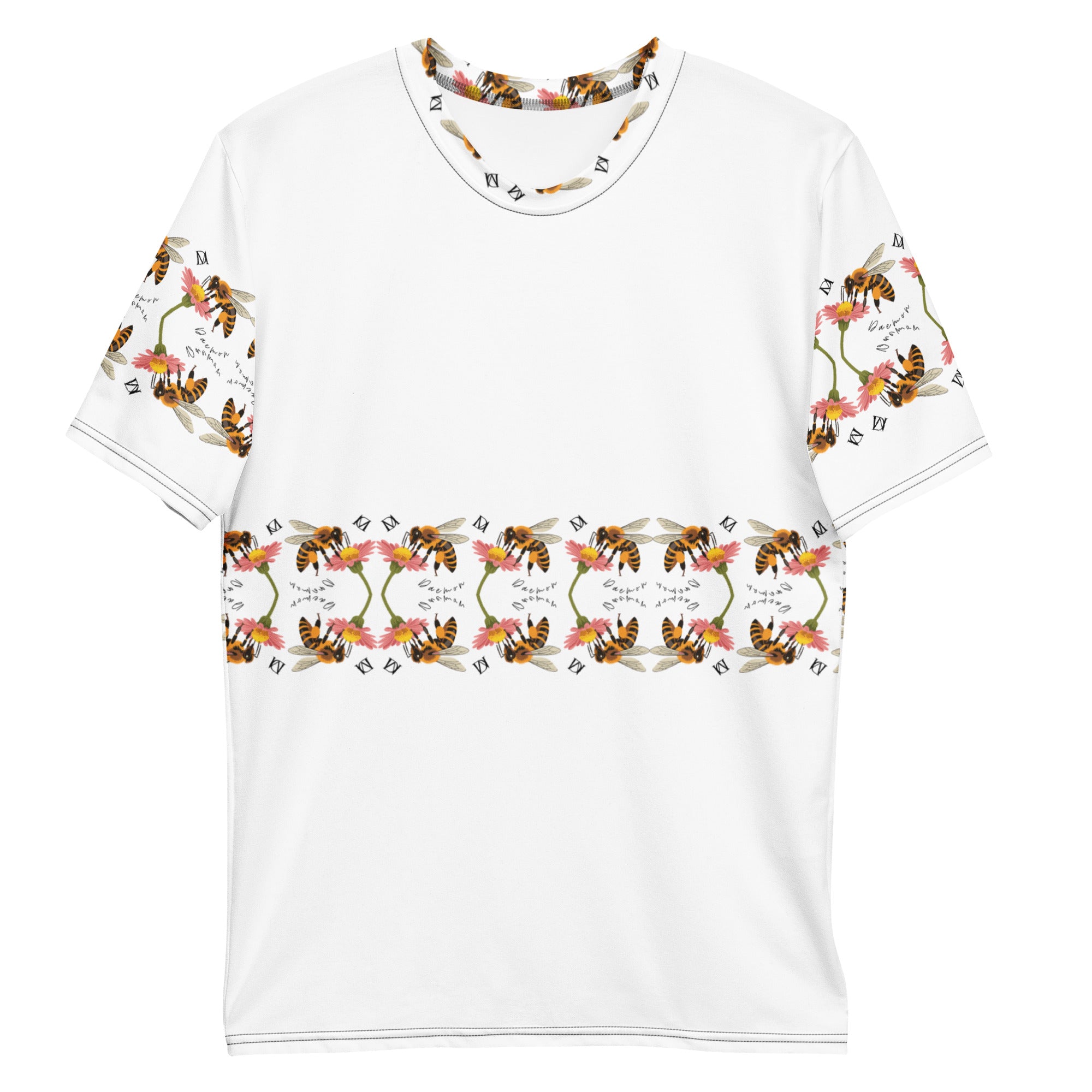 White men's crew neck t-shirt by Daemon Luxury with all-over honeybee shores Premio il Man print front view
